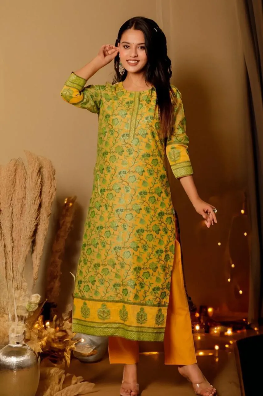 Yellow Green Cotton Kurta Set