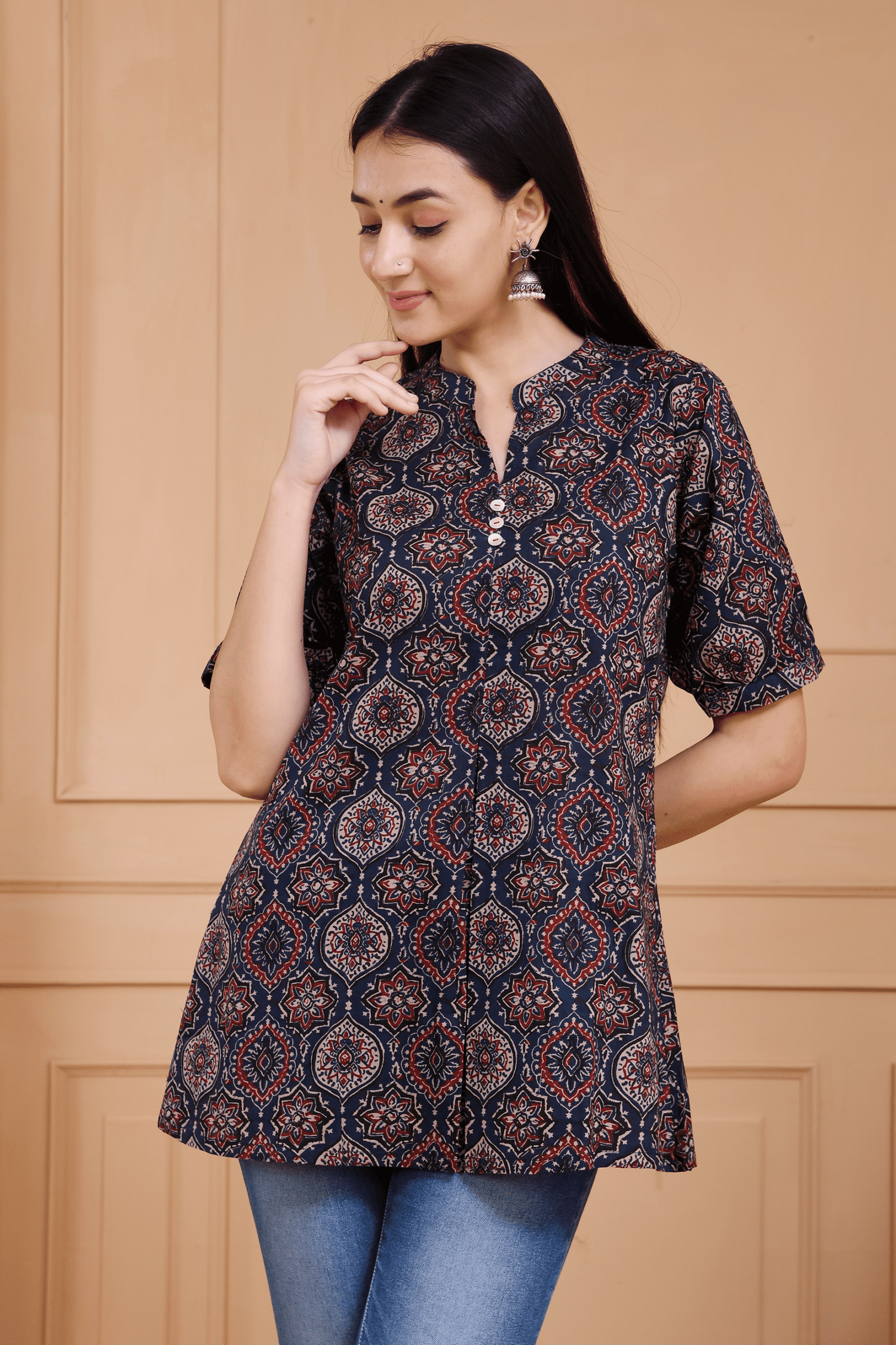 Dark Blue Ajrak Print Short Kurti