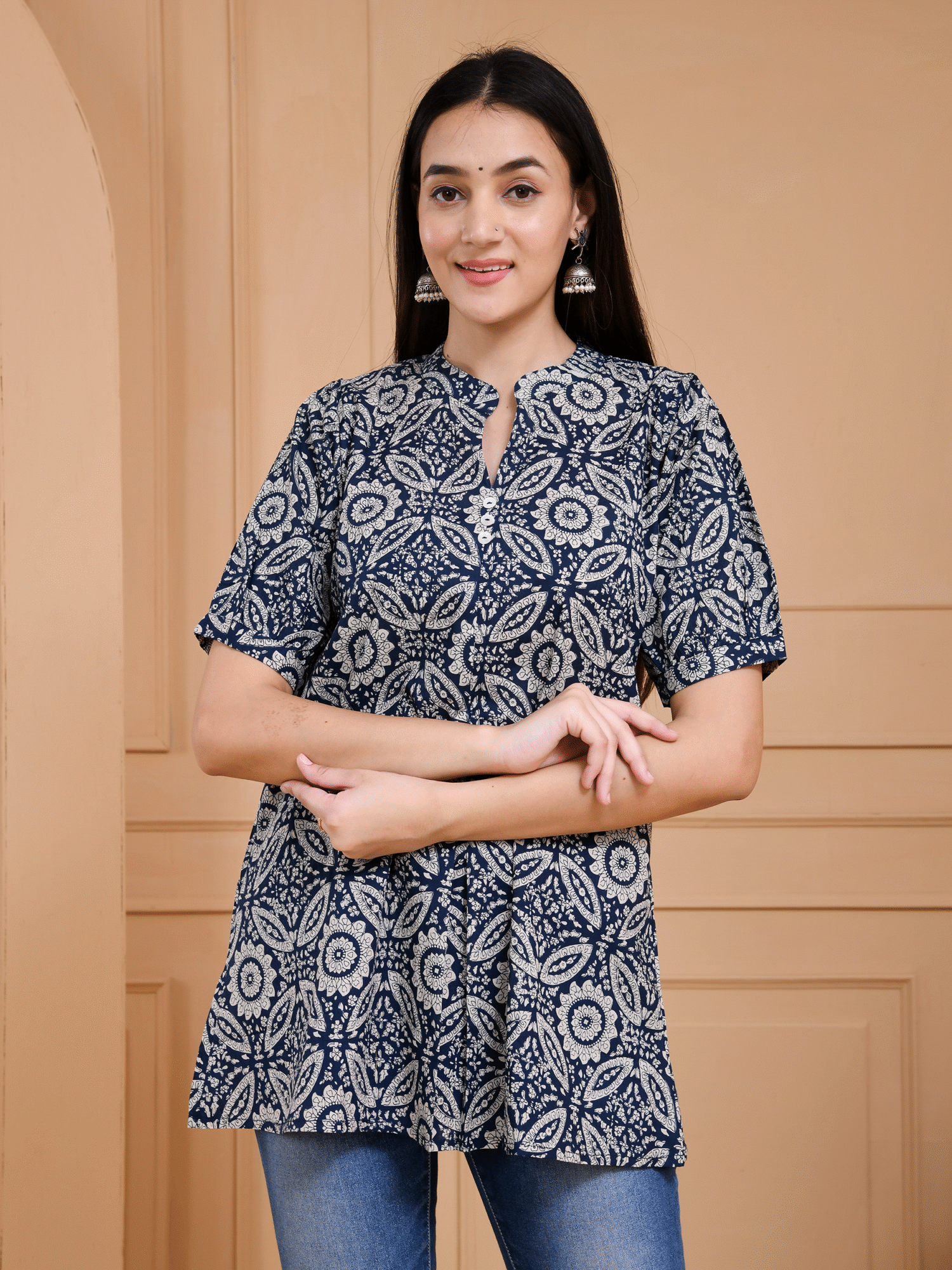 Blue Block Printed Short Kurti