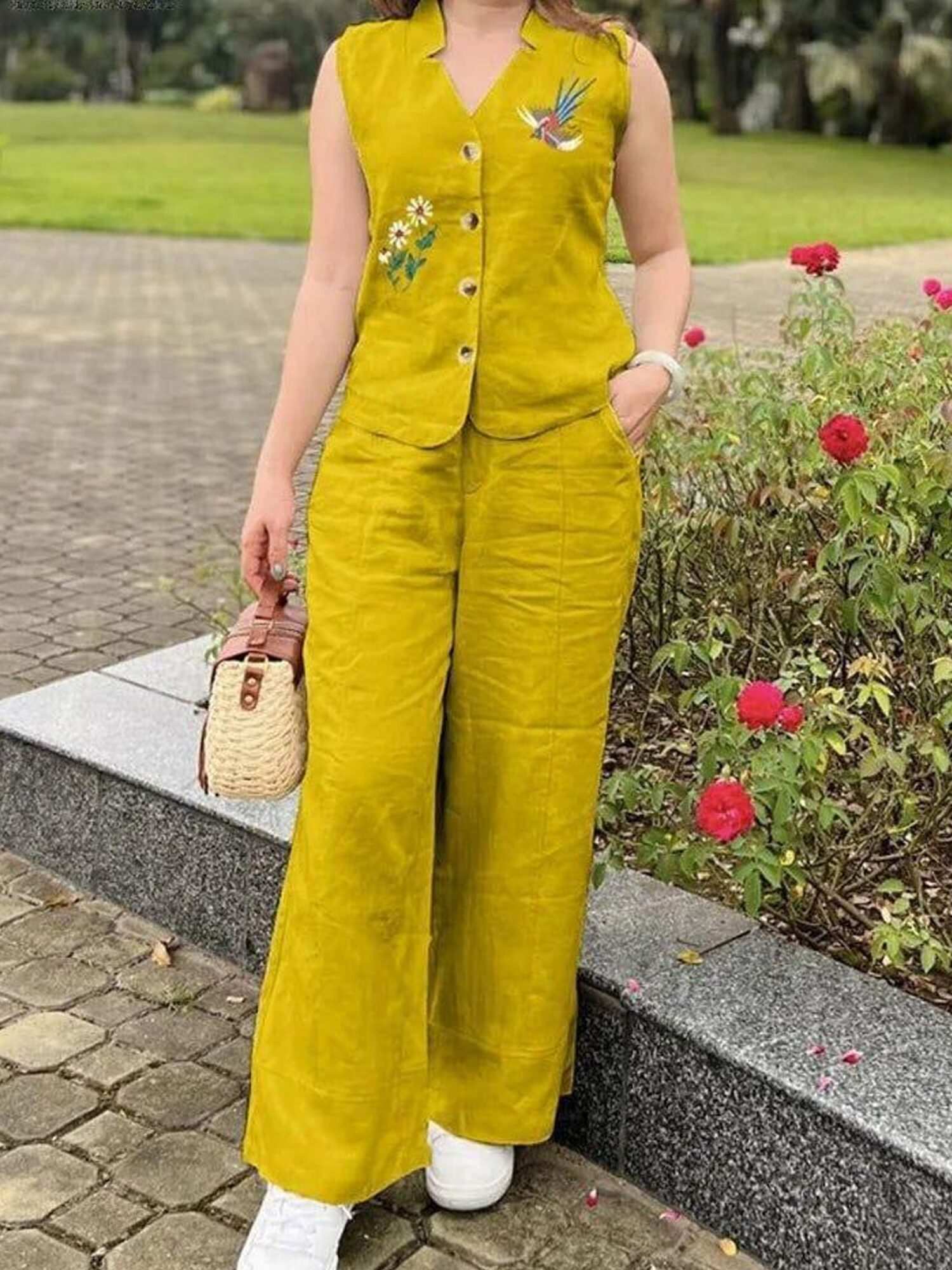 Sleeveless Golden Embroidered Co-Ord Set