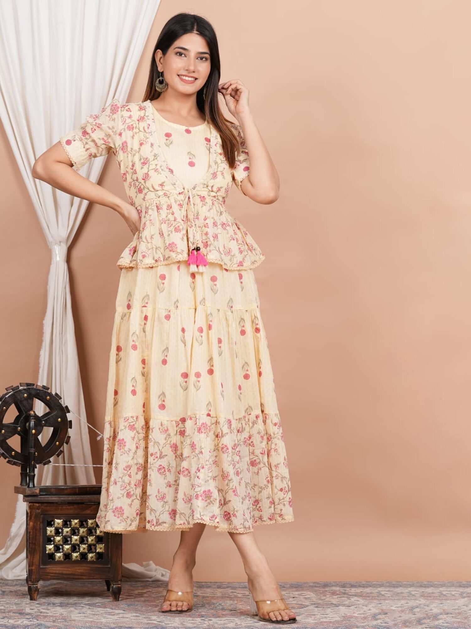Yellow Floral Print Two Piece Gown with Jacket