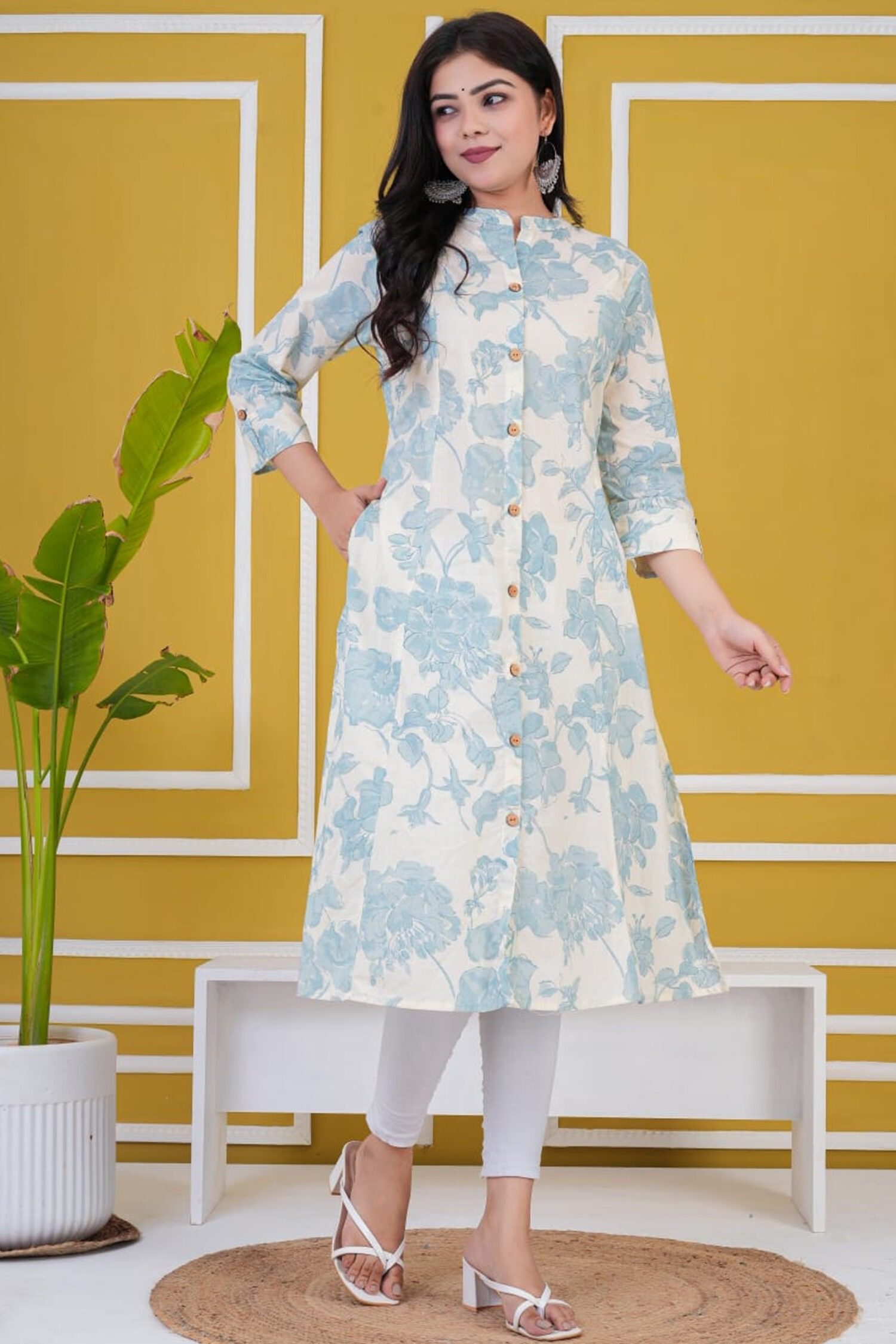 handblock printed white cotton kurti