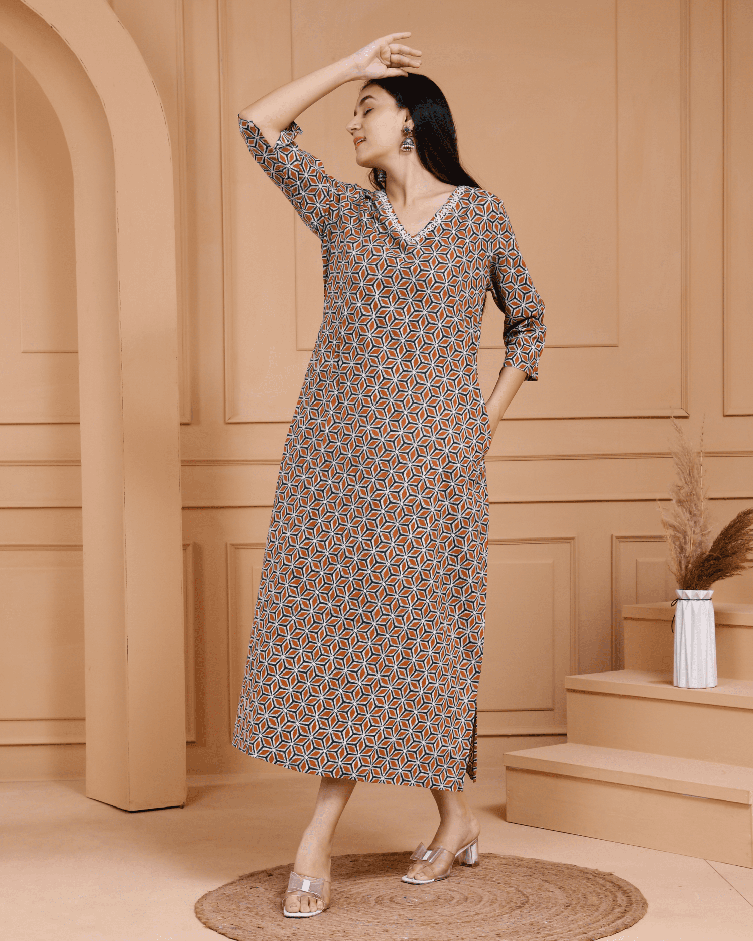 handblock printed V-neck long kurti