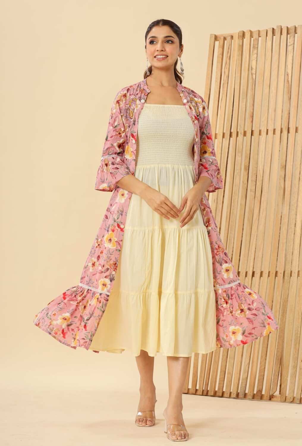 Pink Floral Cotton Long Gown