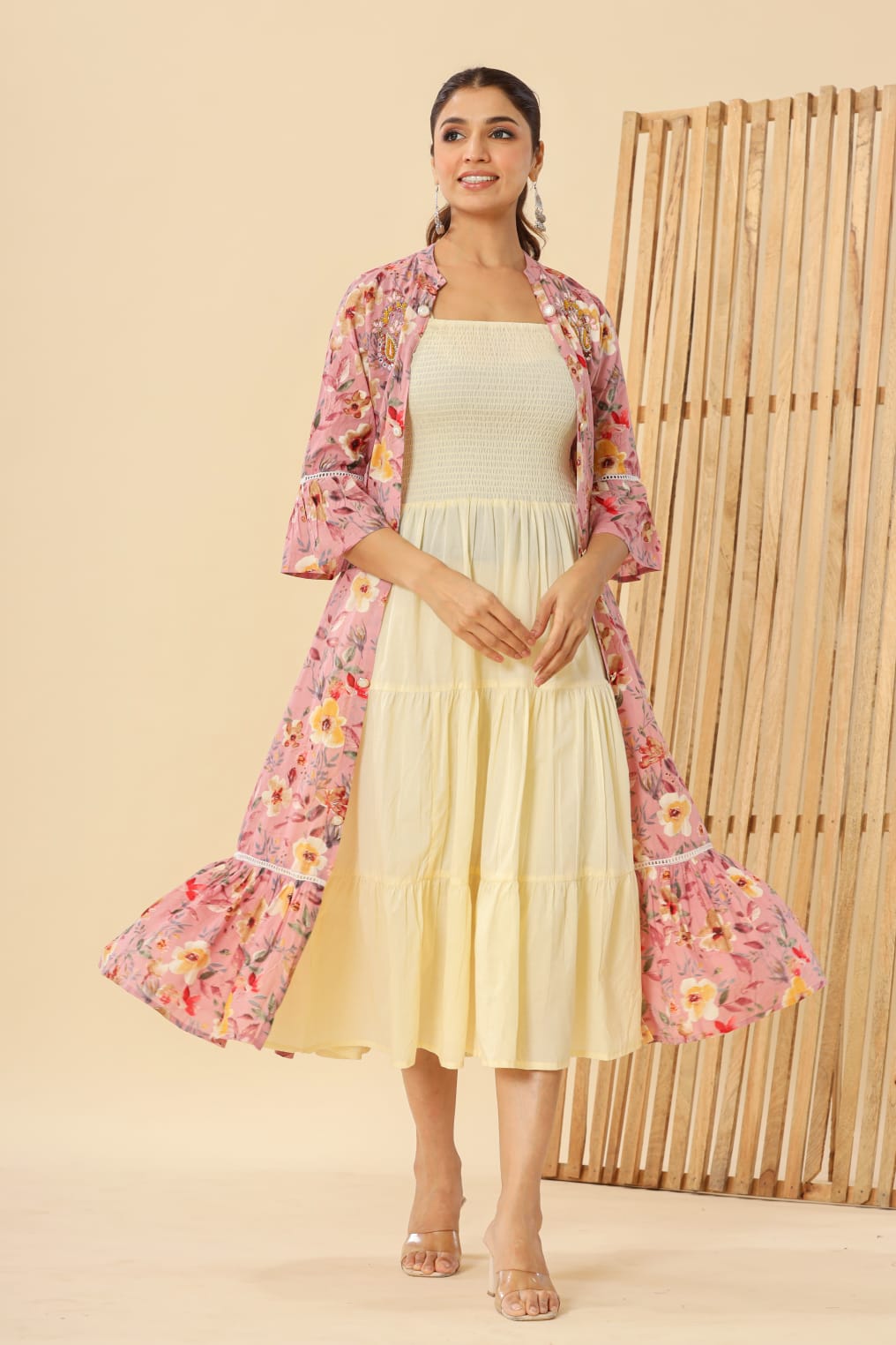 Women pink floral printed long gown in cotton