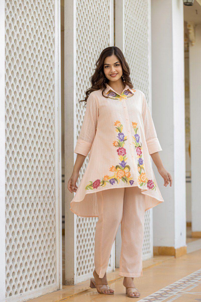 Floral Embroidery Peach Co-ord Set