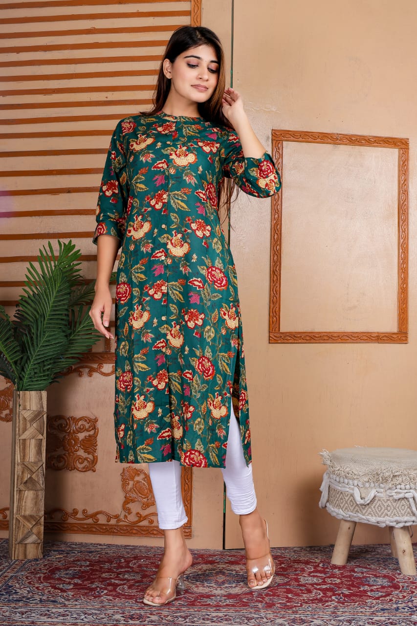 dark green floral print cotton kurti