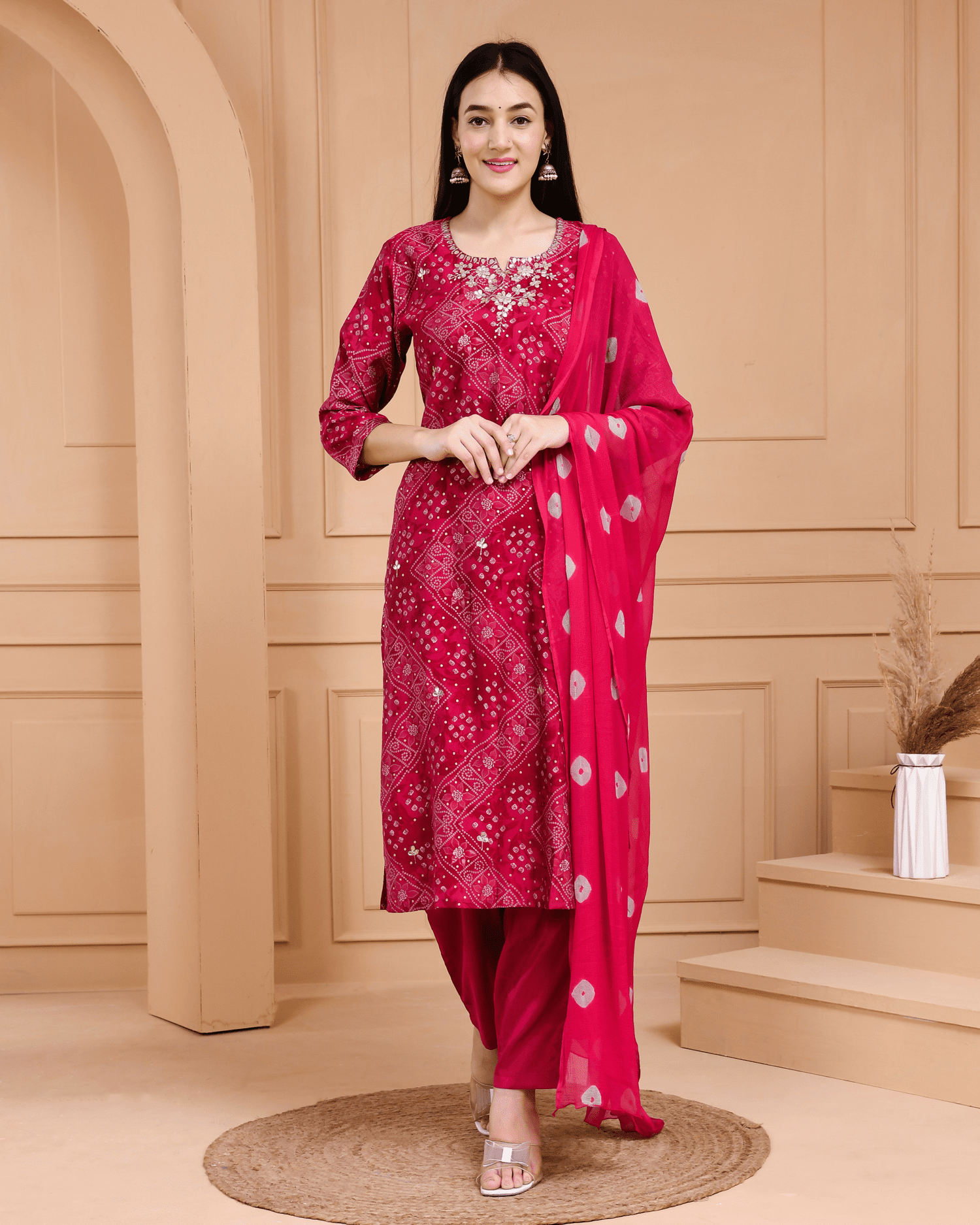 Muslin Bandhani Pink Suit