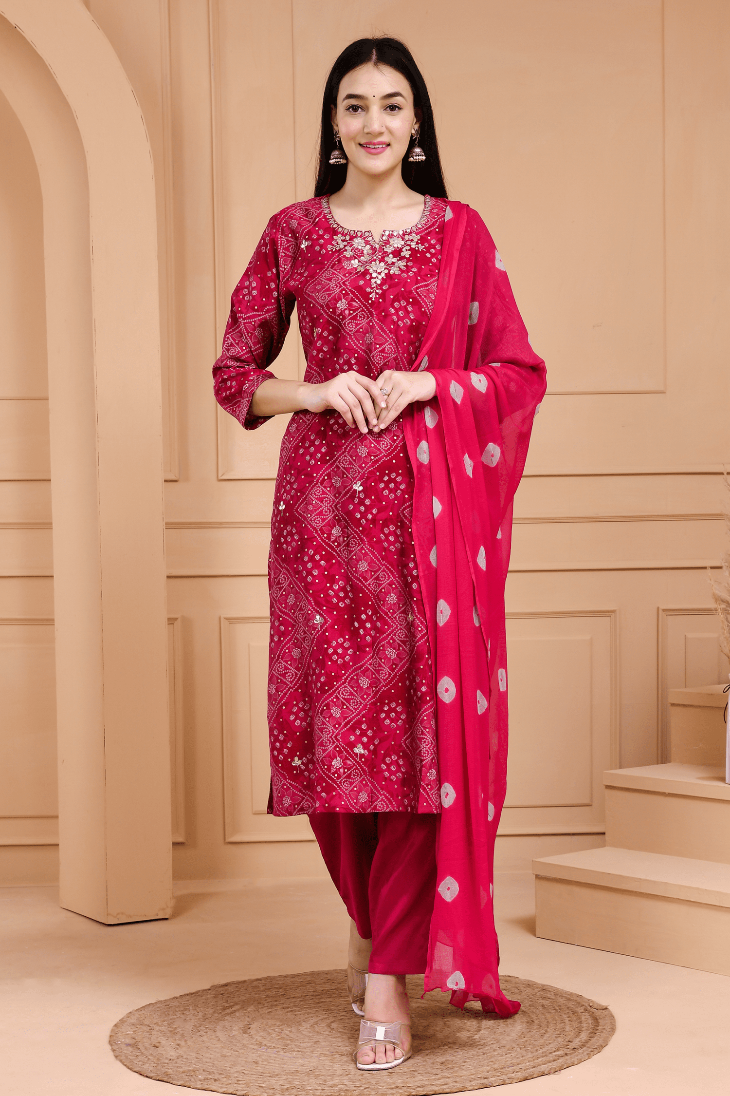 Muslin Bandhani Pink Suit