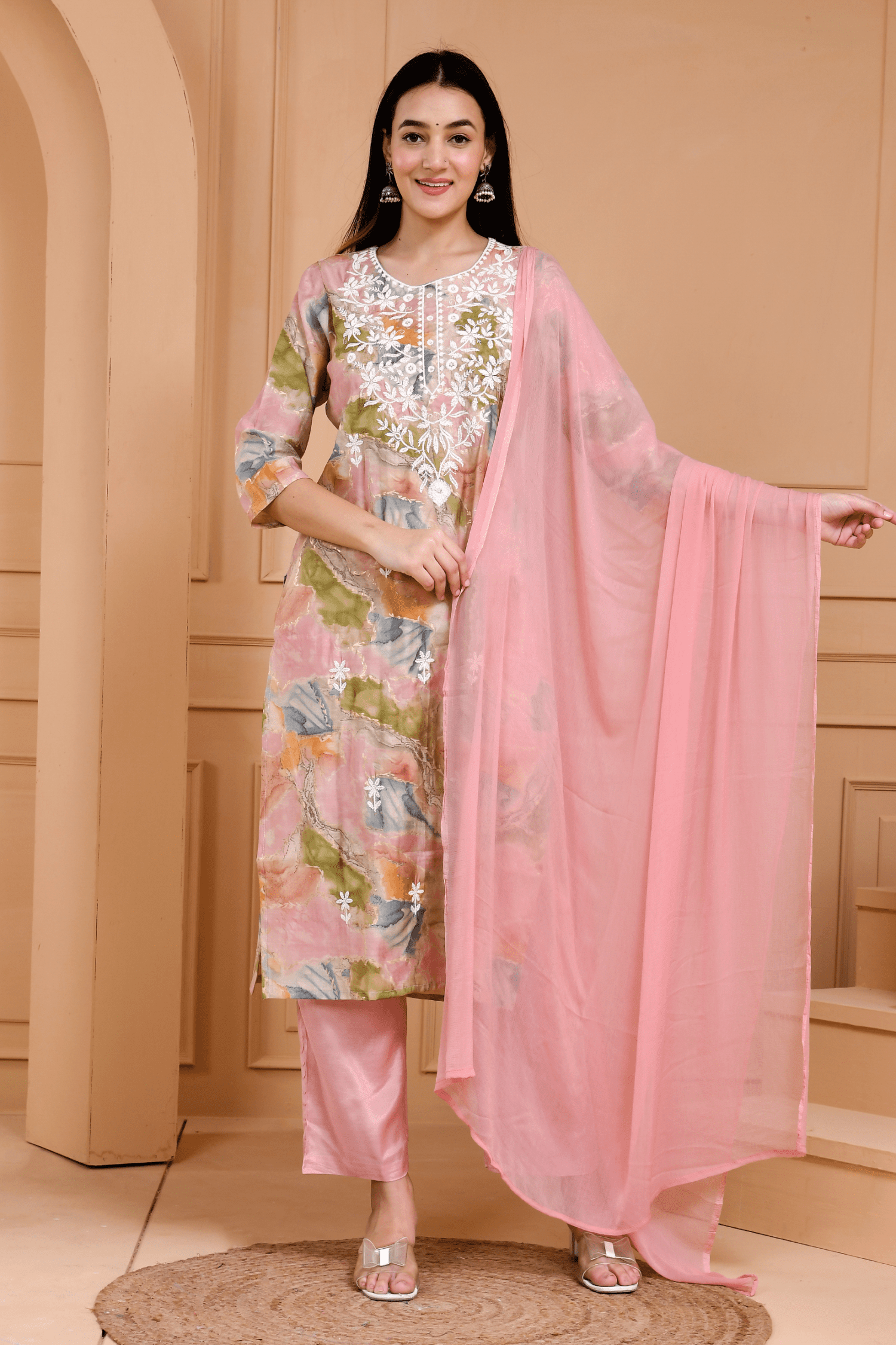 Peach Embroidered Three Piece Suit Set