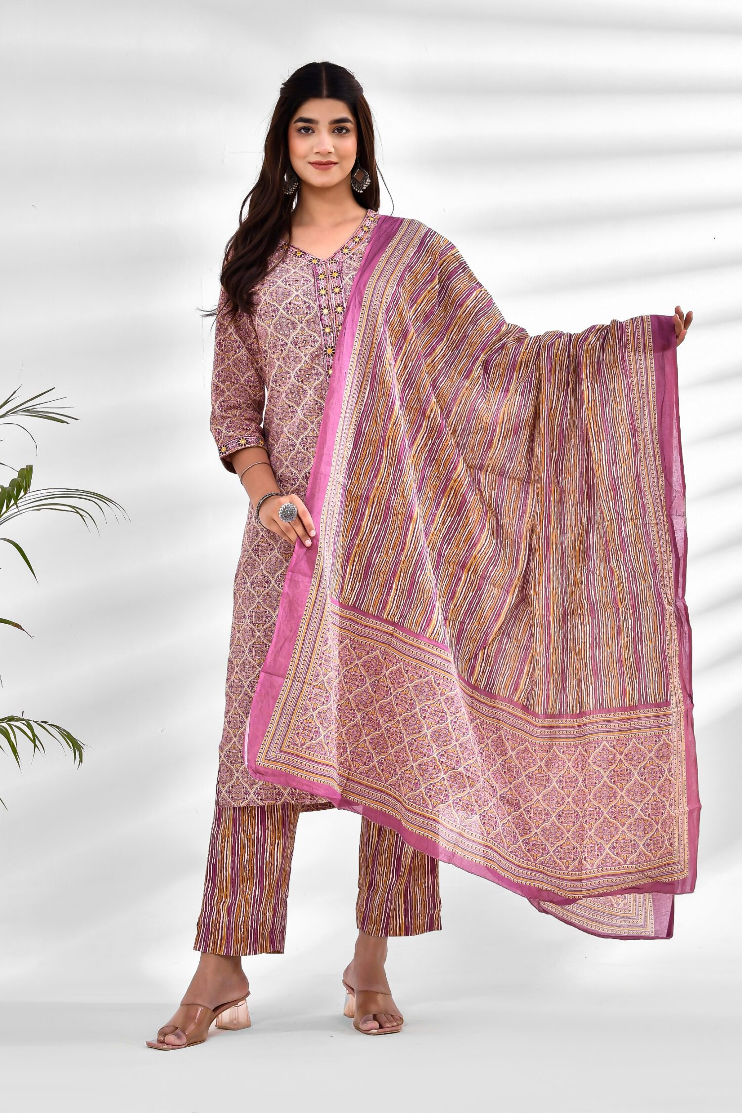 Pink Block Printed Three-Piece Kurta Set