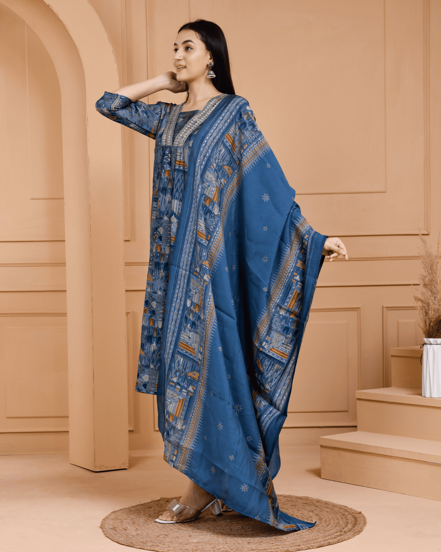 Blue V Neck Mirror Work Kurta