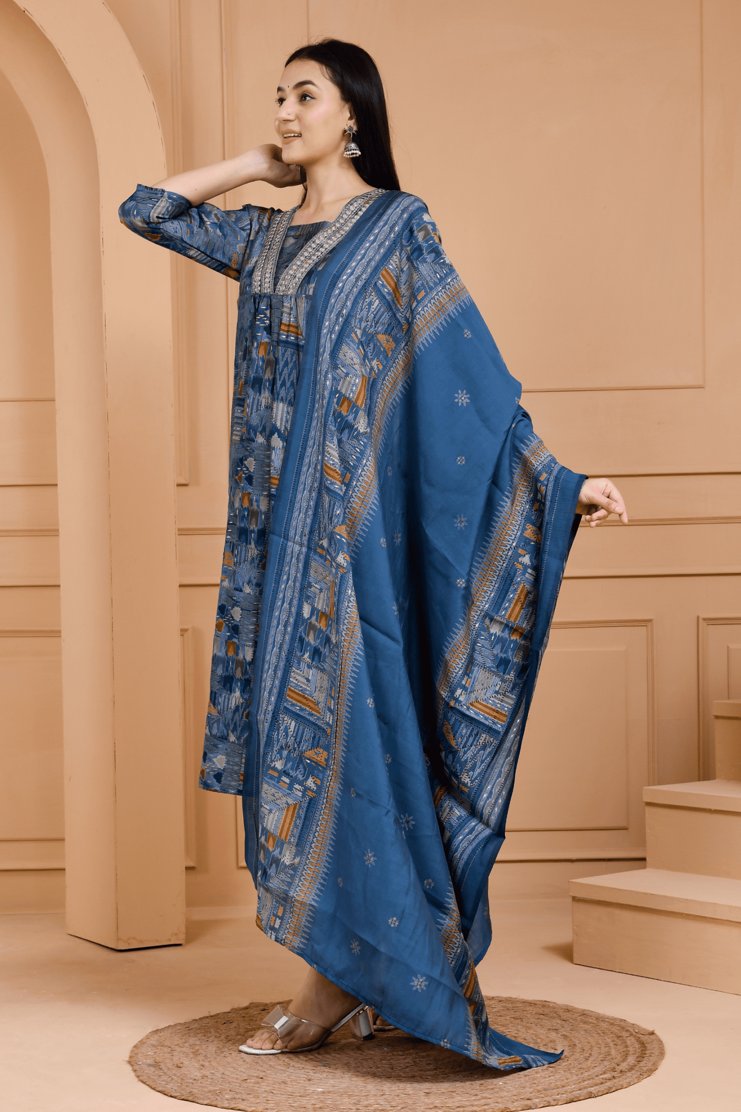 Blue V Neck Mirror Work Kurta