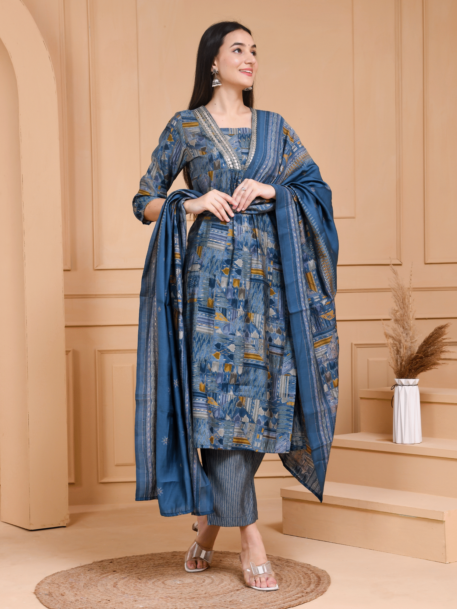 V Neck Mirror Work Kurta pent