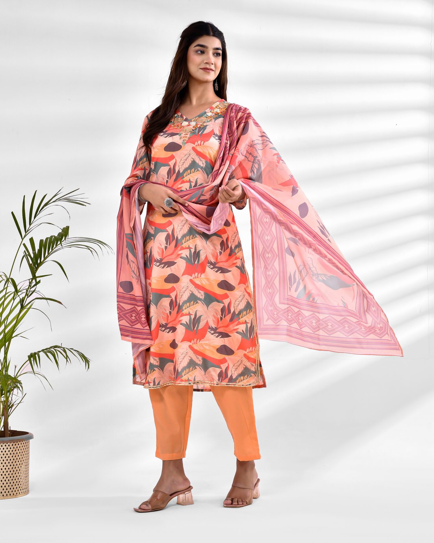 Peach Floral Printed Kurta