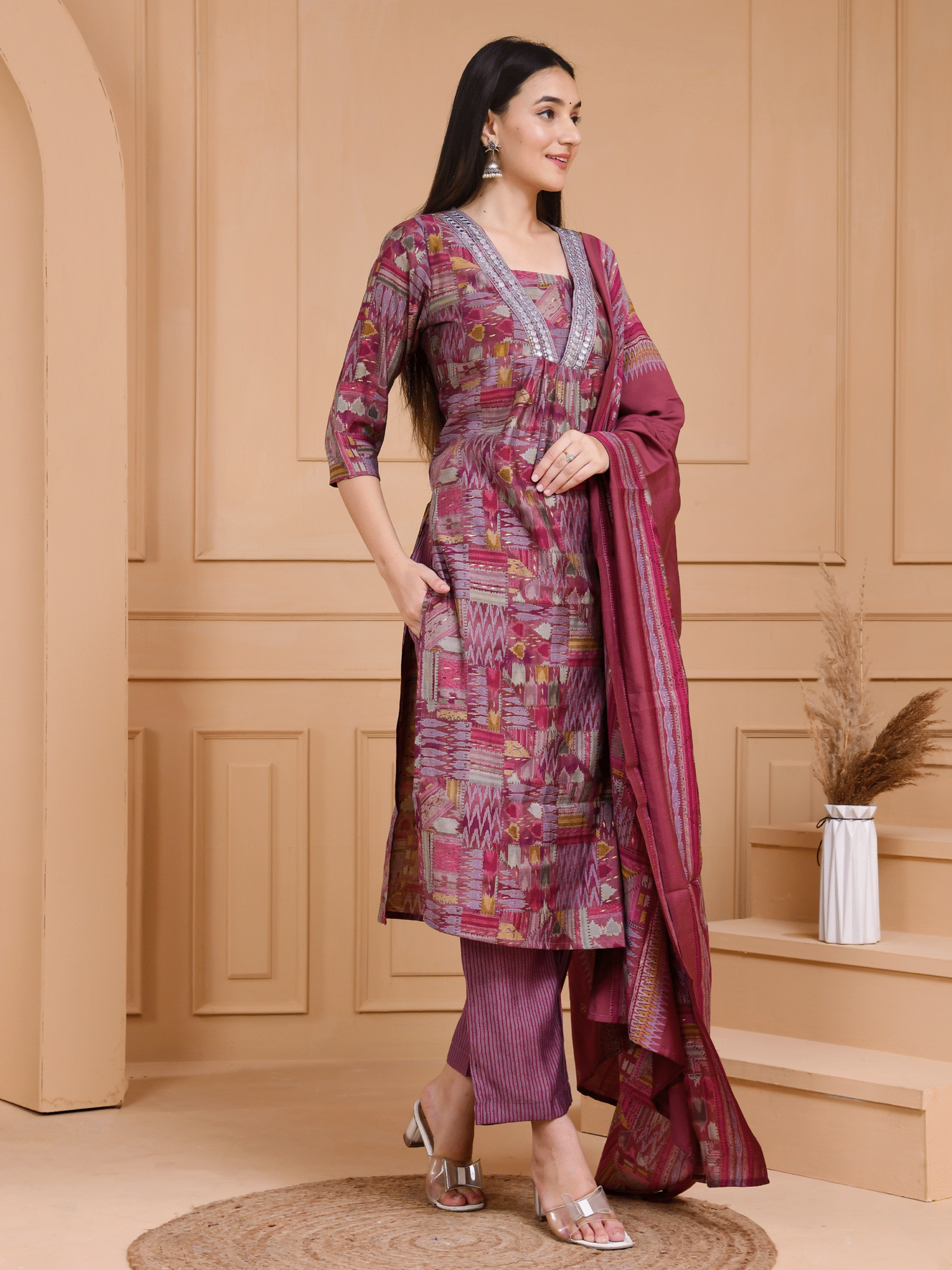 Crimson Radiance Maroon V-Neck Kurta Set with Mirror Work