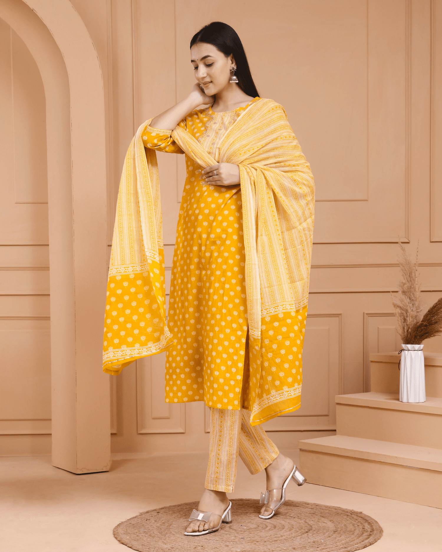 Yellow Cotton Printed Dupatta Set