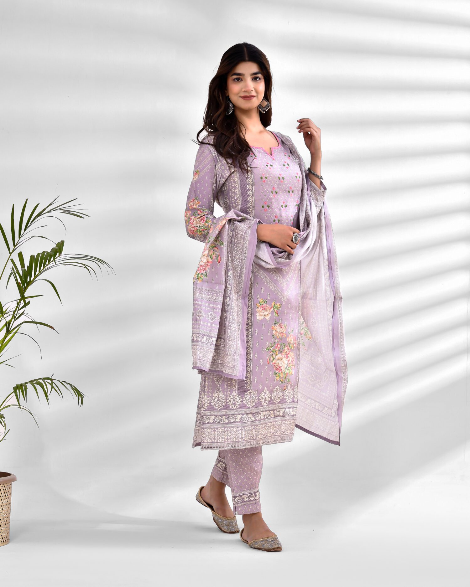 Purple V-Neck Floral Kurta Set