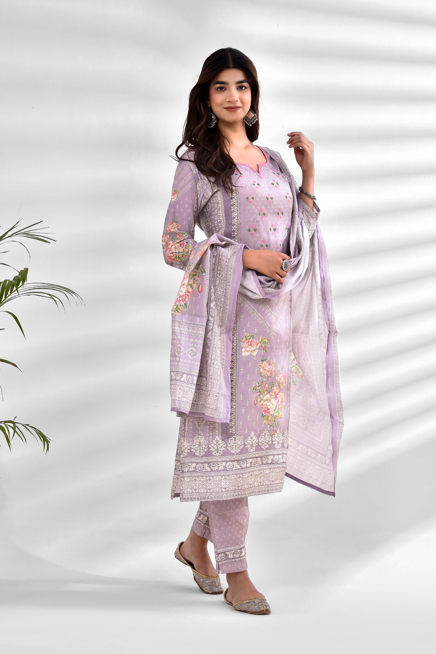 Purple V-Neck Floral Kurta Set