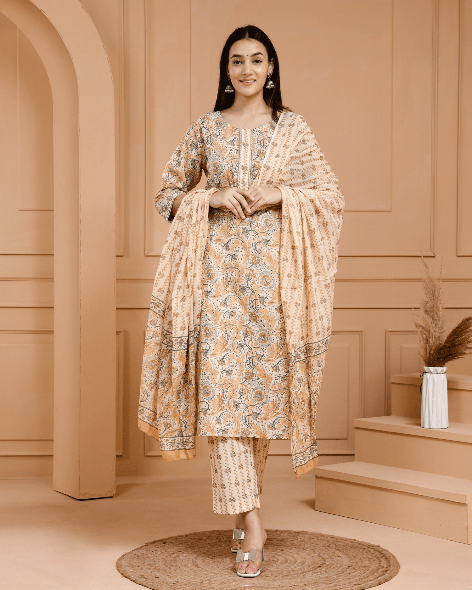 Yellow Floral Cotton Kurta Set