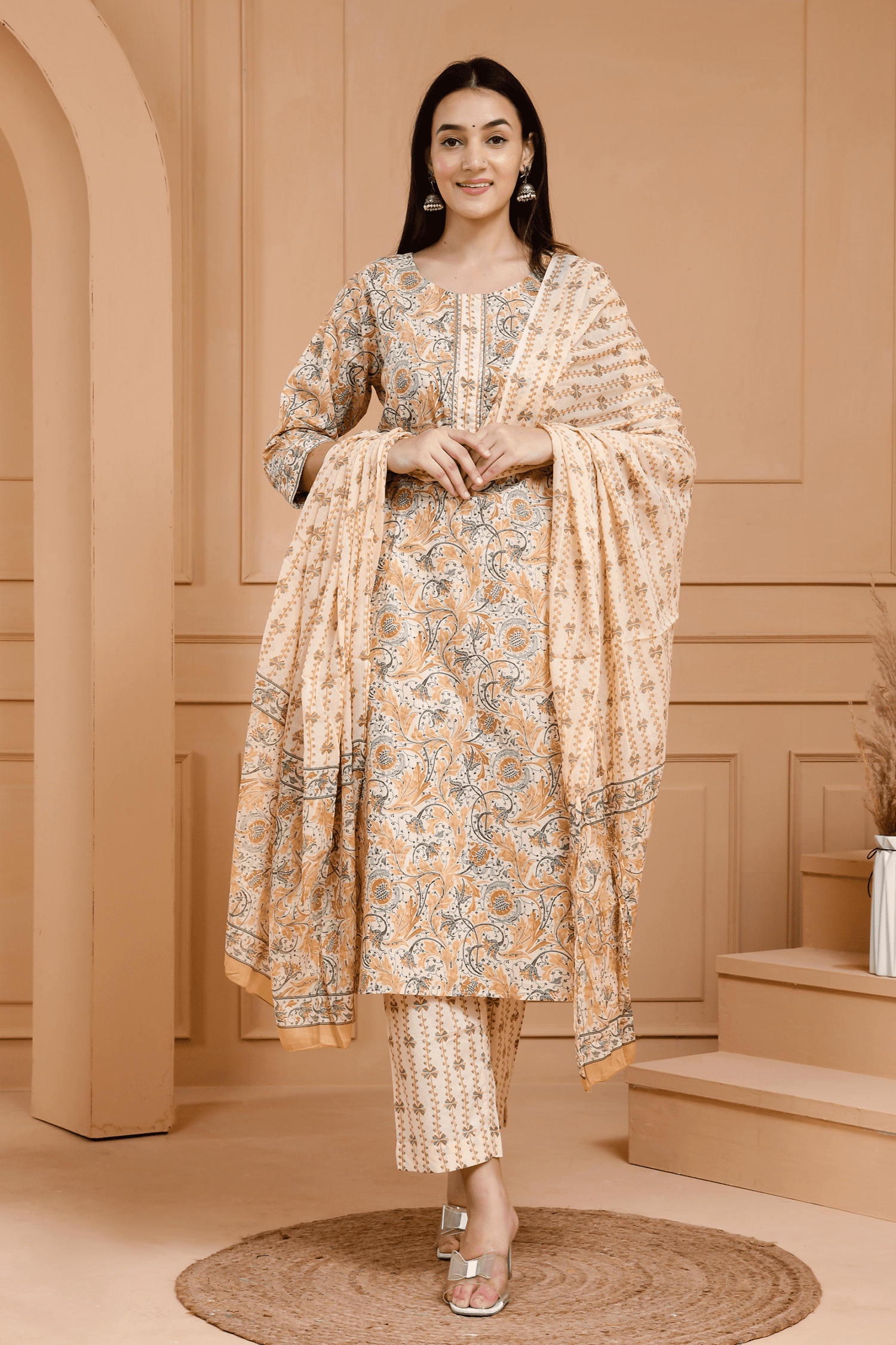 Yellow Floral Cotton Kurta Set