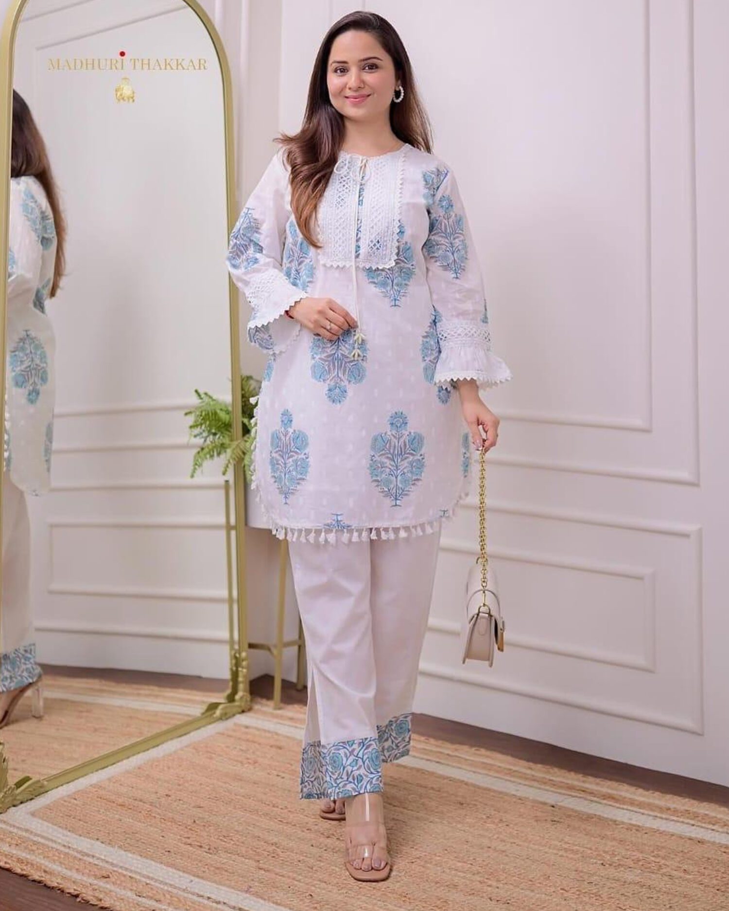 white floral printed two-piece suit