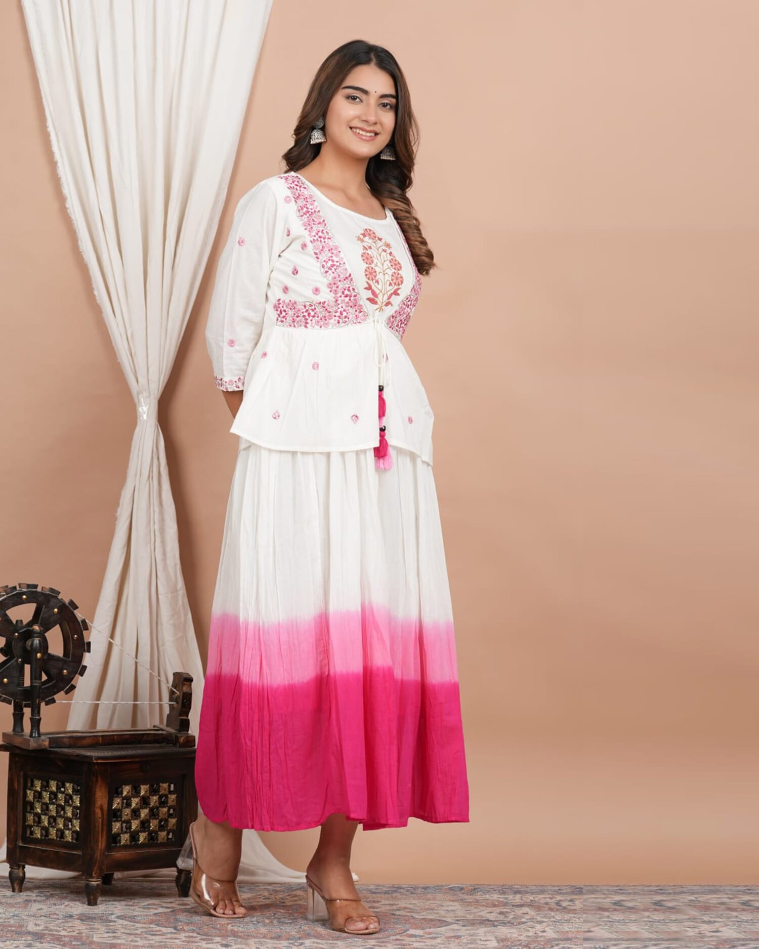 Pink and white long gown with jacket