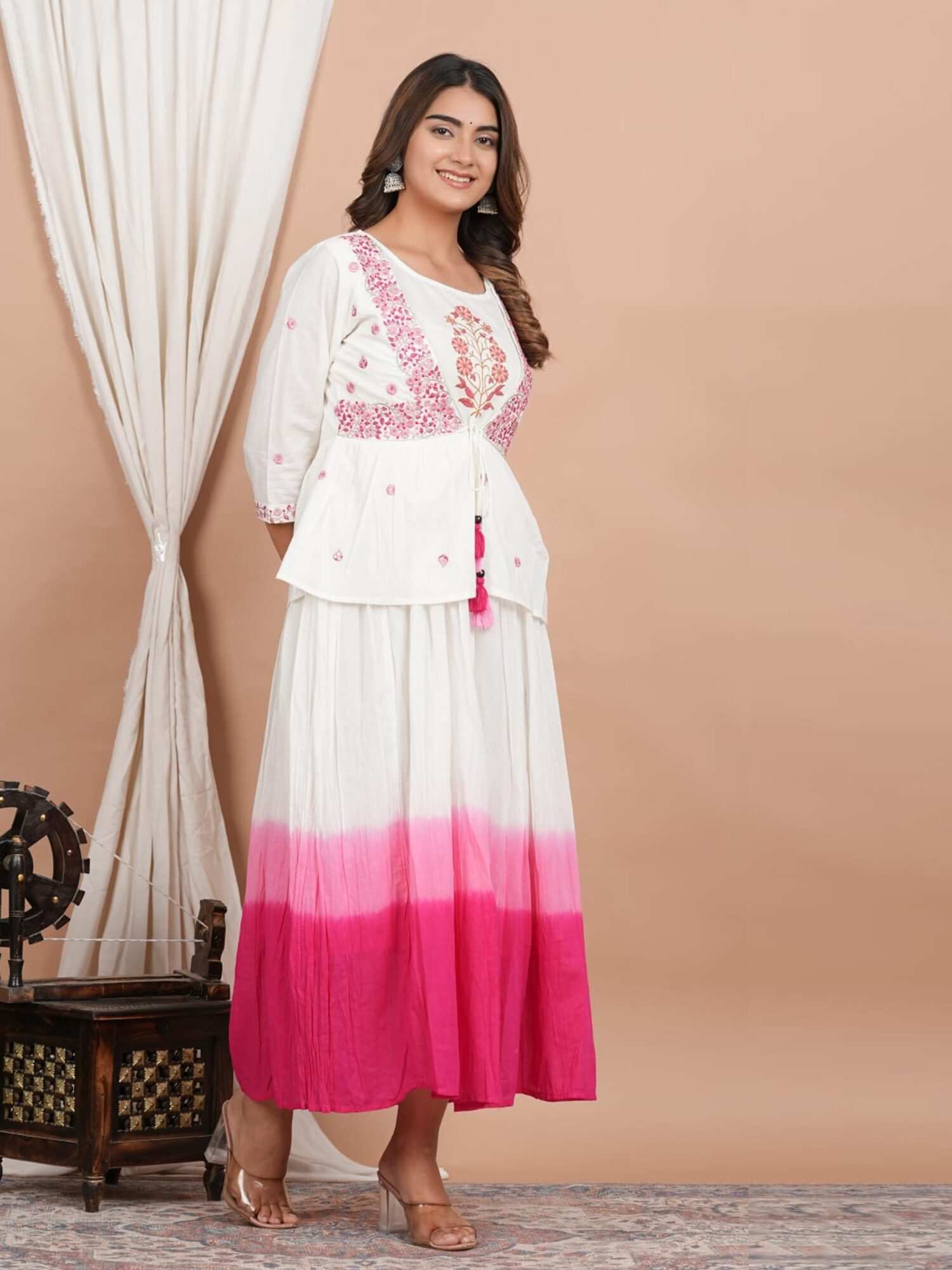 Pink and White Long Gown with Jacket