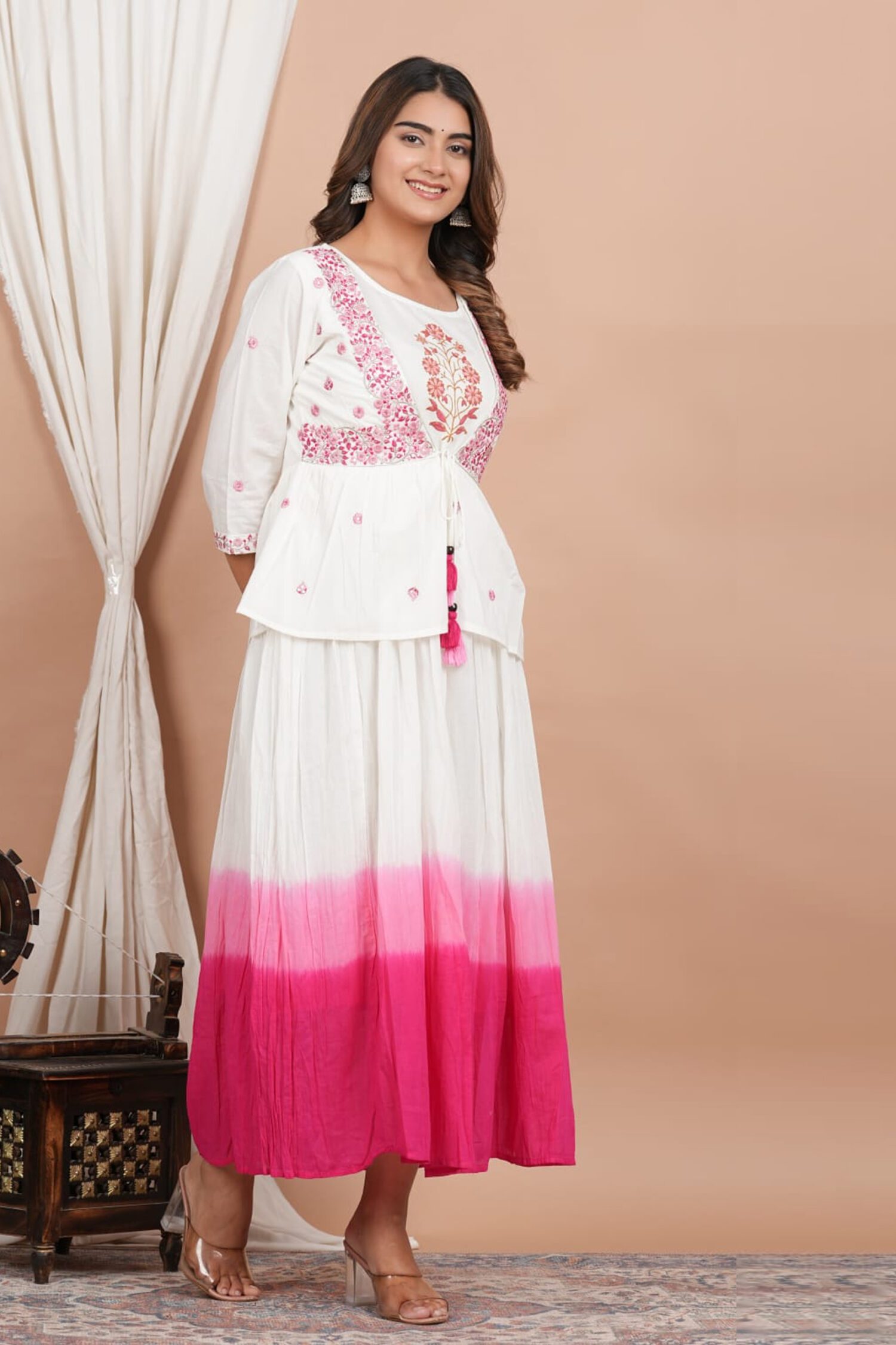 Pink and white long gown with jacket