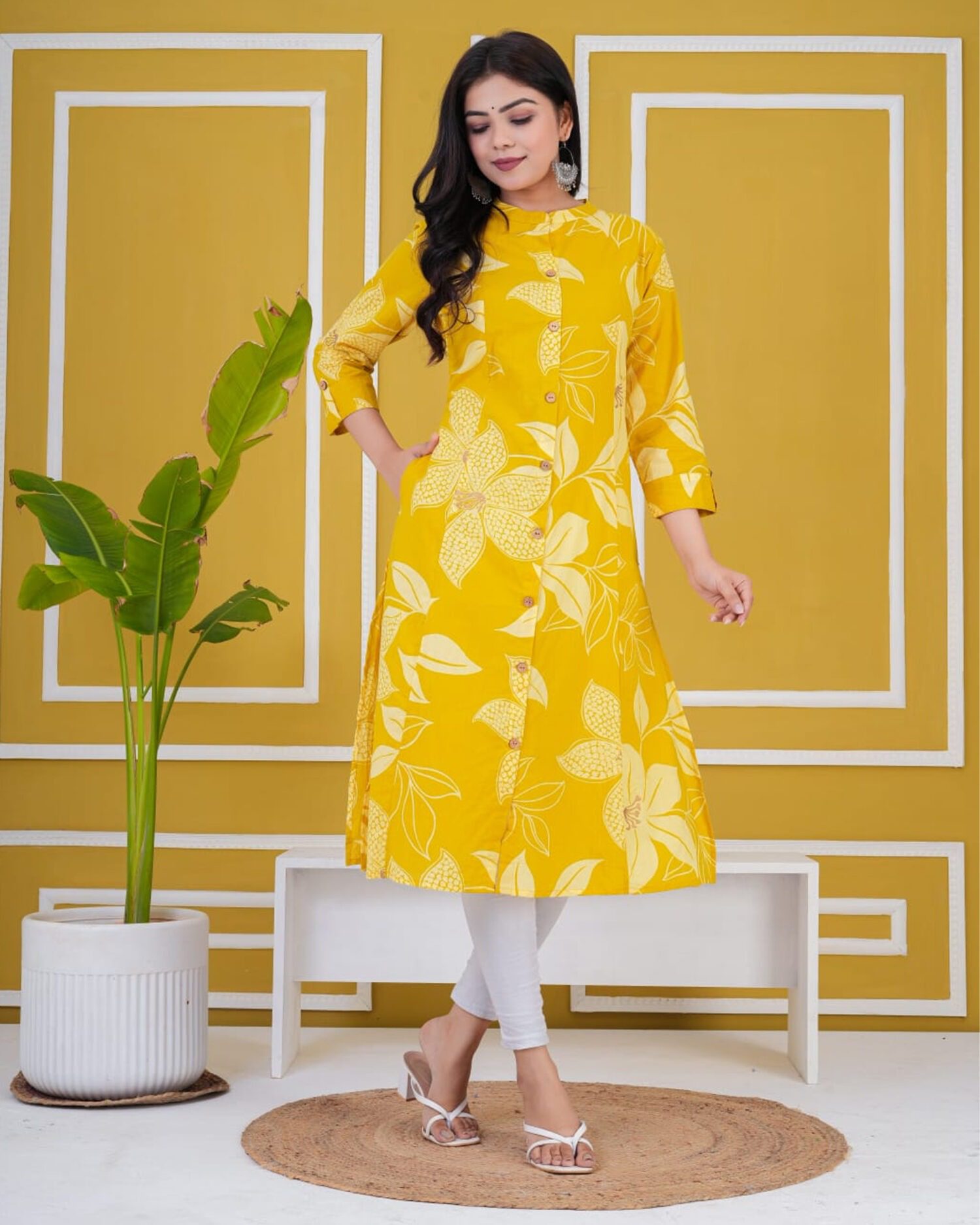 Yellow Floral Print Cotton Kurti