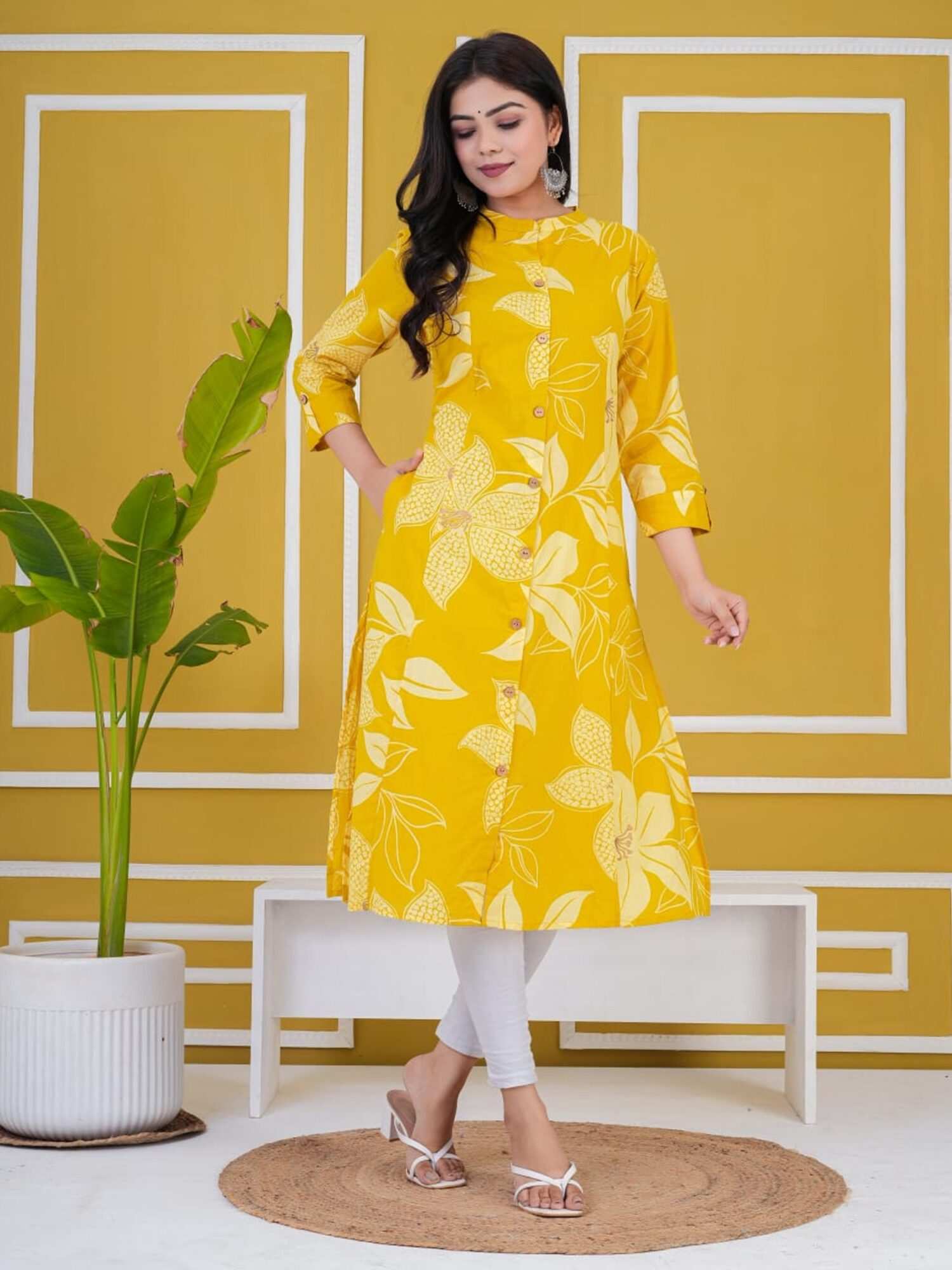 Yellow Floral Print Cotton Kurti