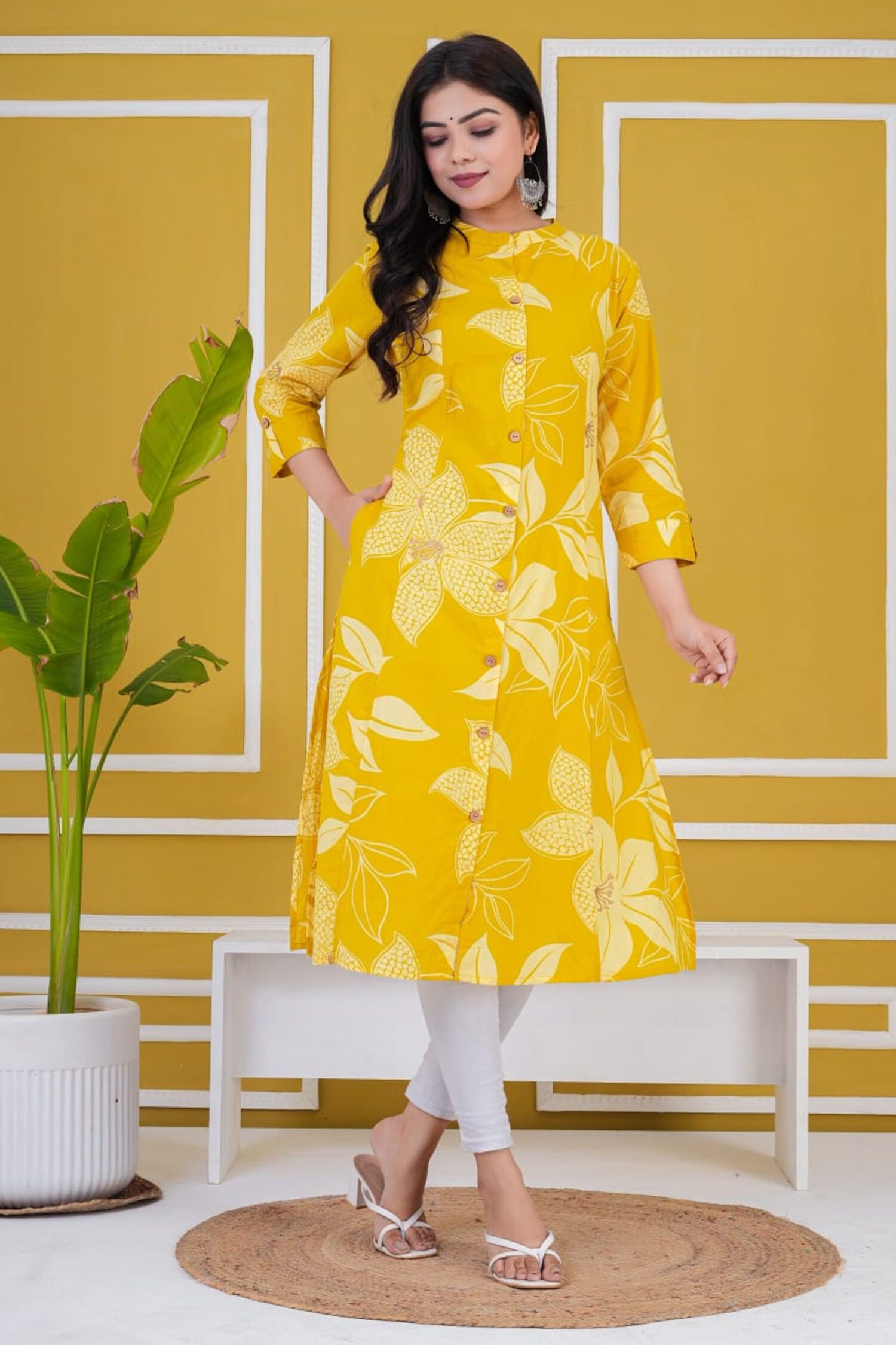 yellow floral print cotton kurti