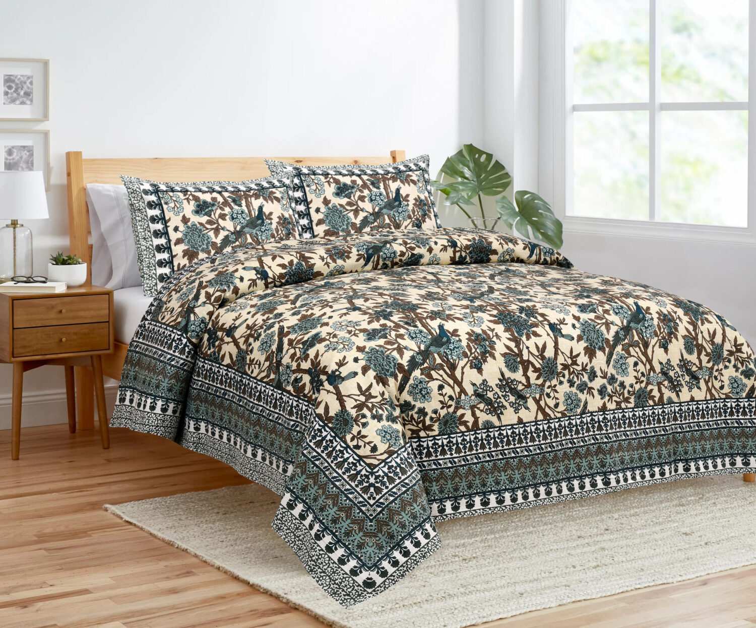Blue & Brown Bird Printed Bed Sheet