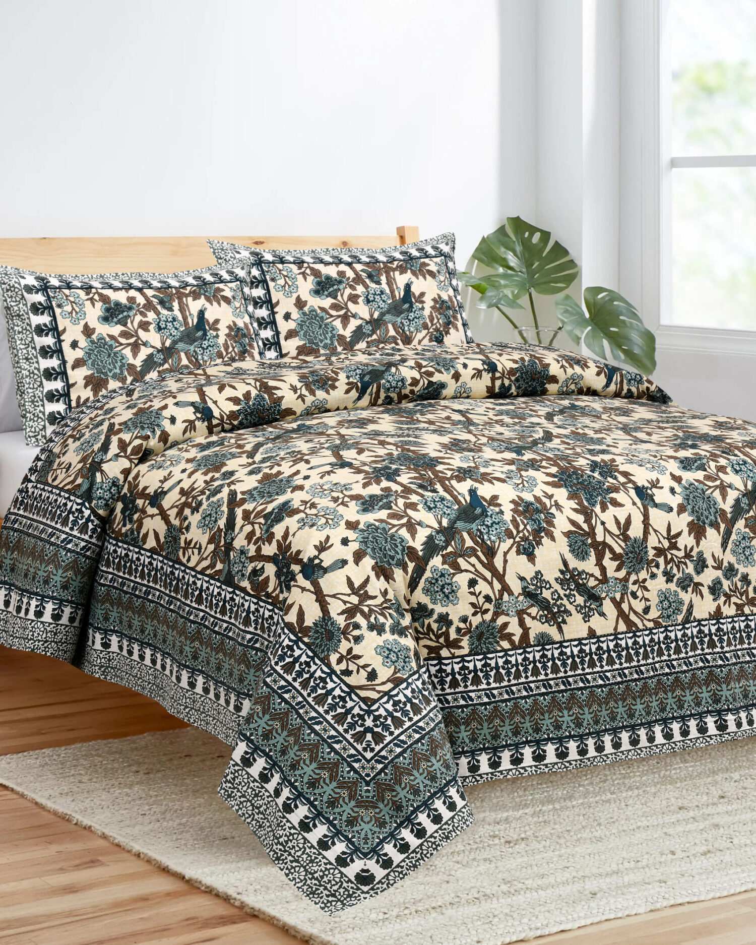 Blue & Brown Bird Printed Bed Sheet