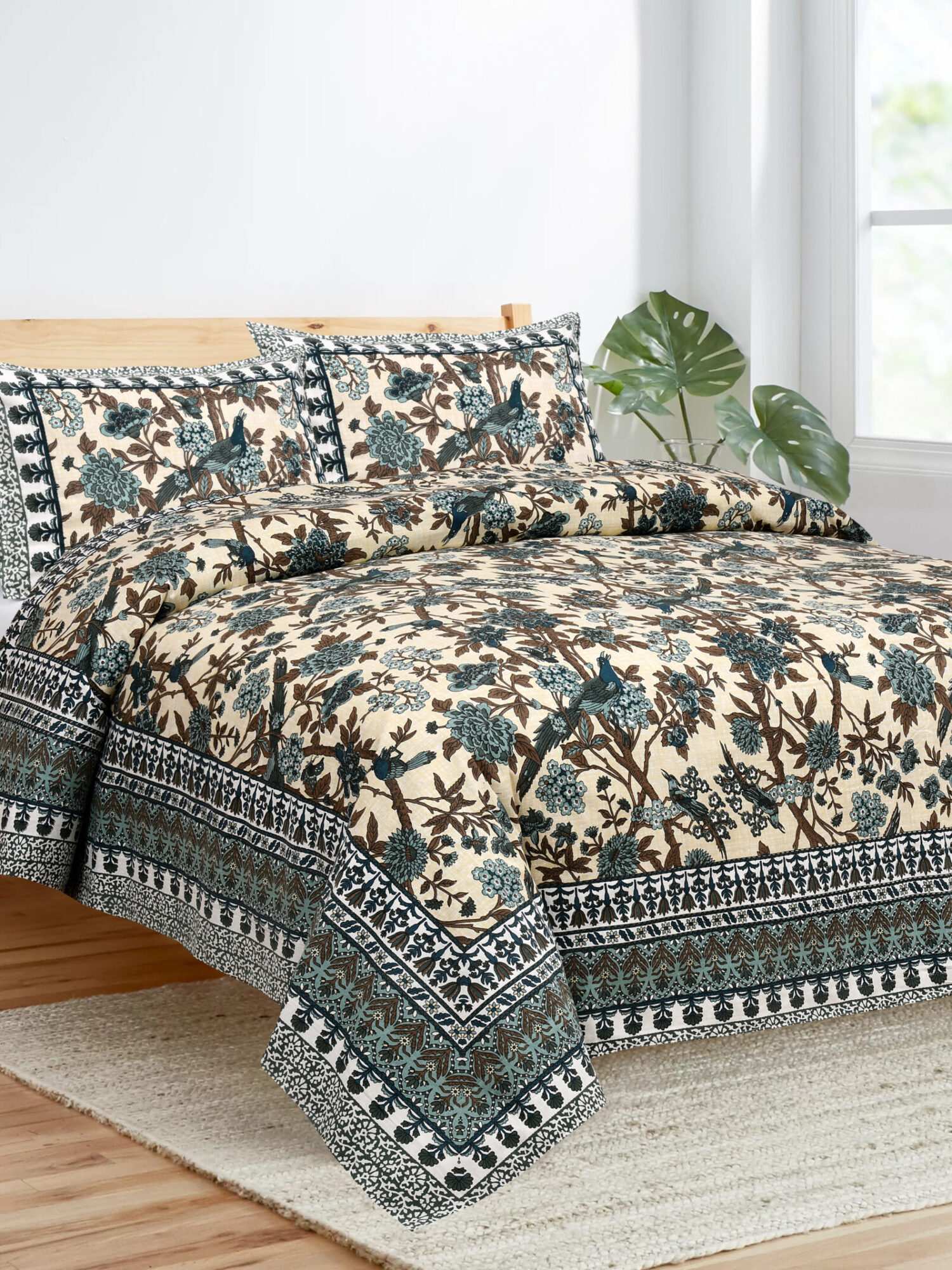 Blue & Brown Bird Printed Bed Sheet