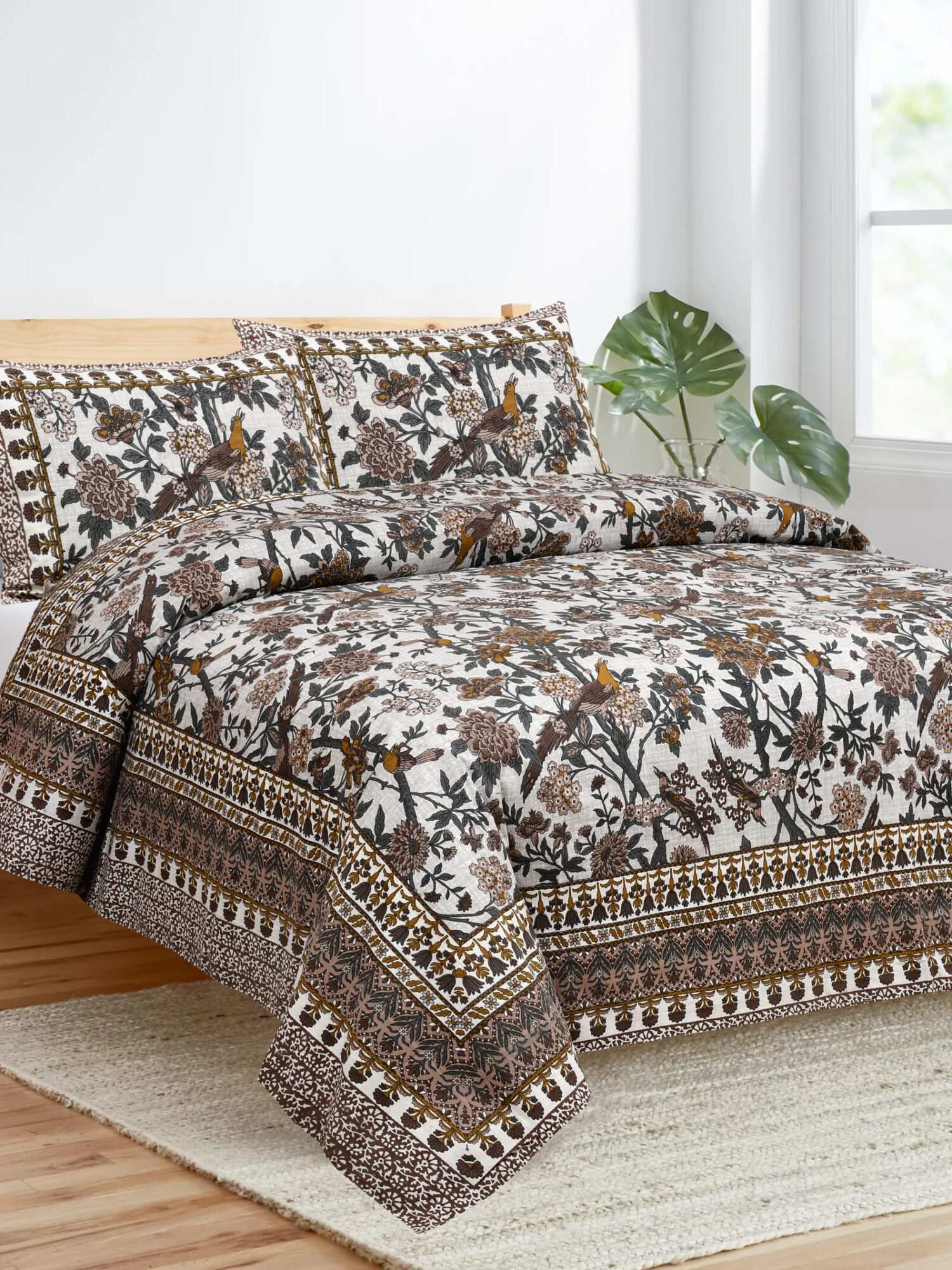 Brown Dark Bird Printed Bed Sheet