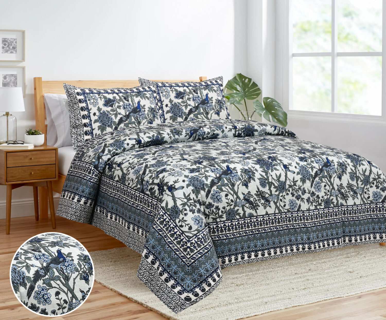 Dark Blue Bird Printed Bed Sheet