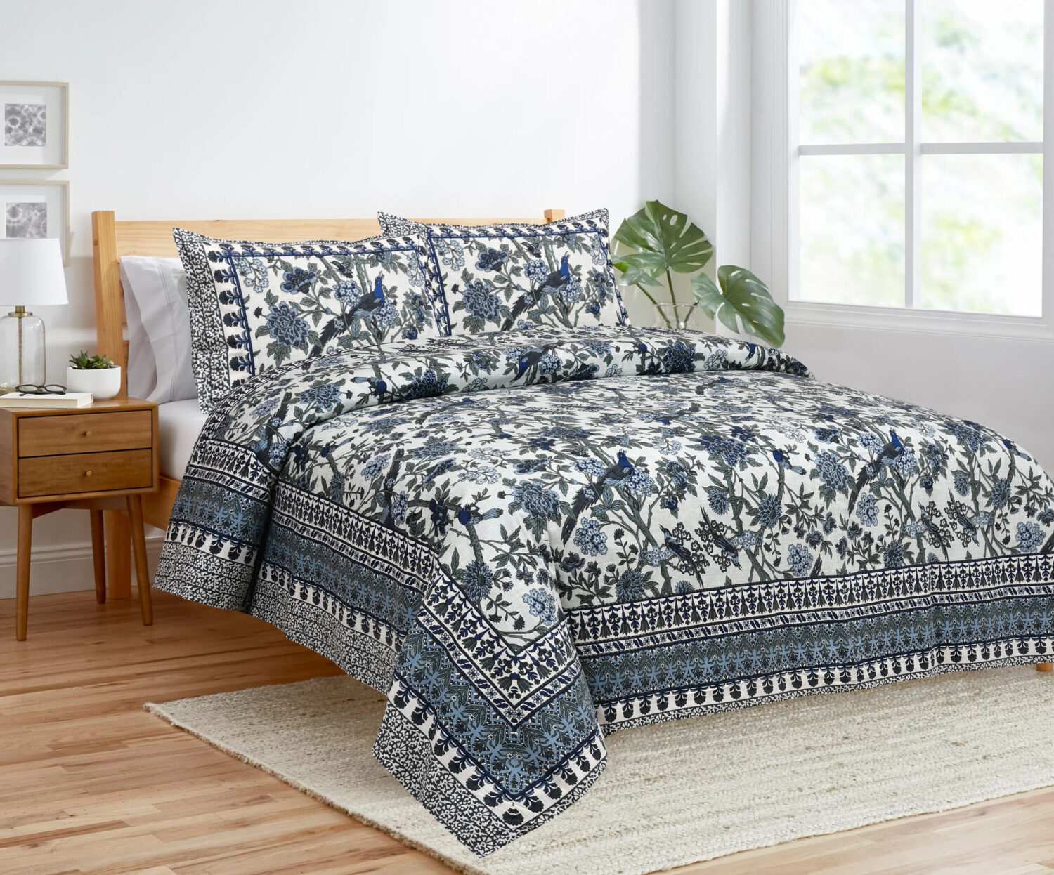 Dark Blue Bird Printed Bed Sheet