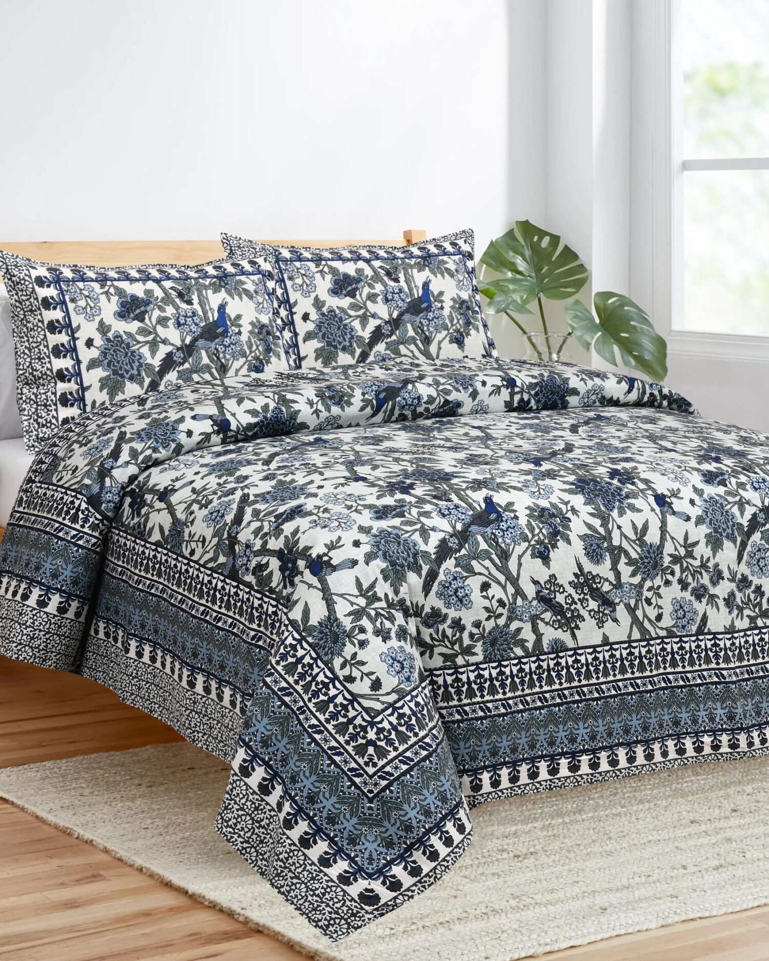 Dark Blue Bird Printed Bed Sheet