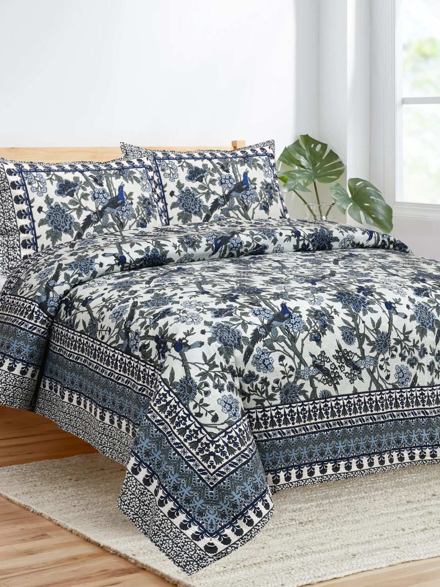 Dark Blue Bird Printed Bed Sheet