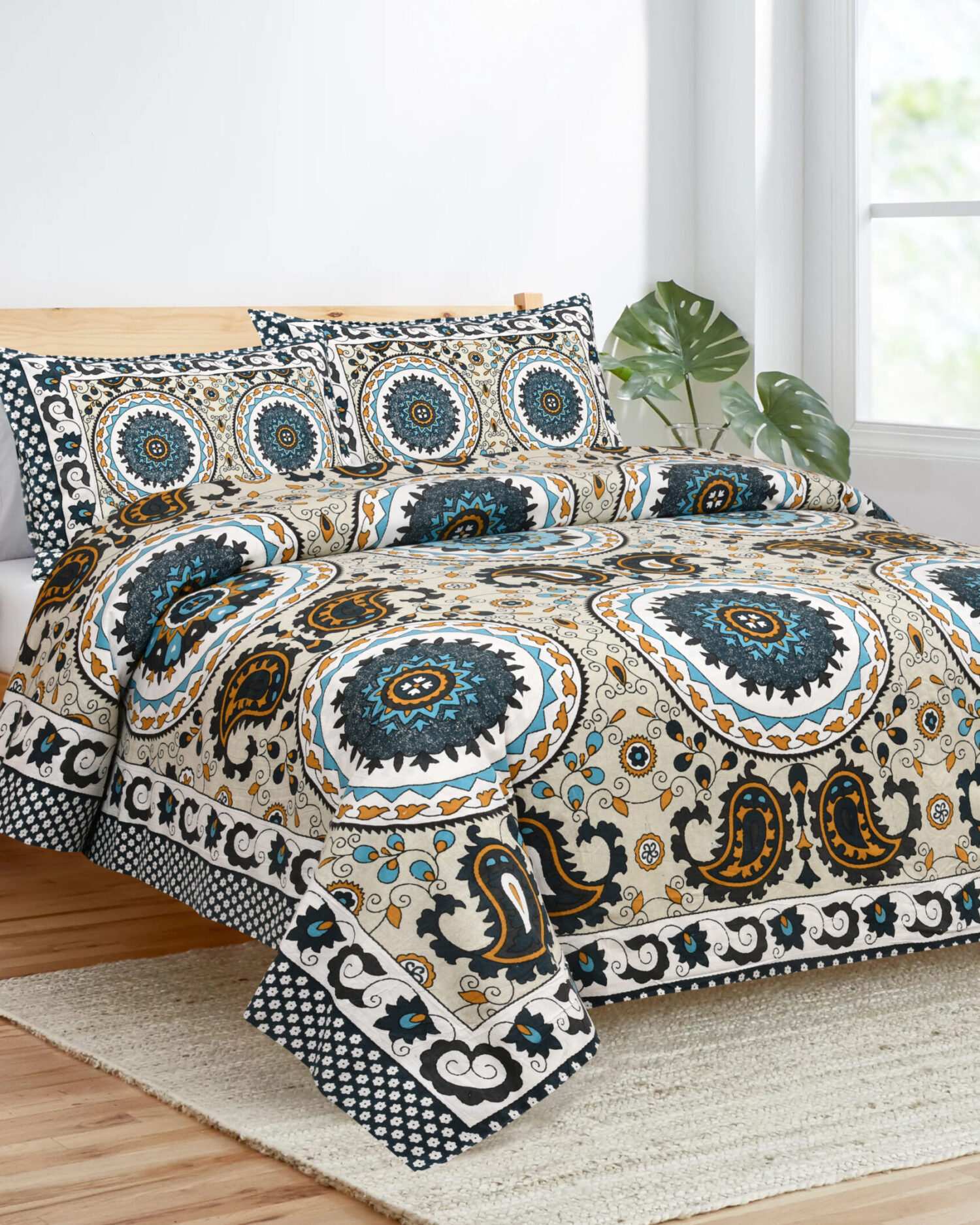 Blue Jaipuri Patola Printed Bed Sheet