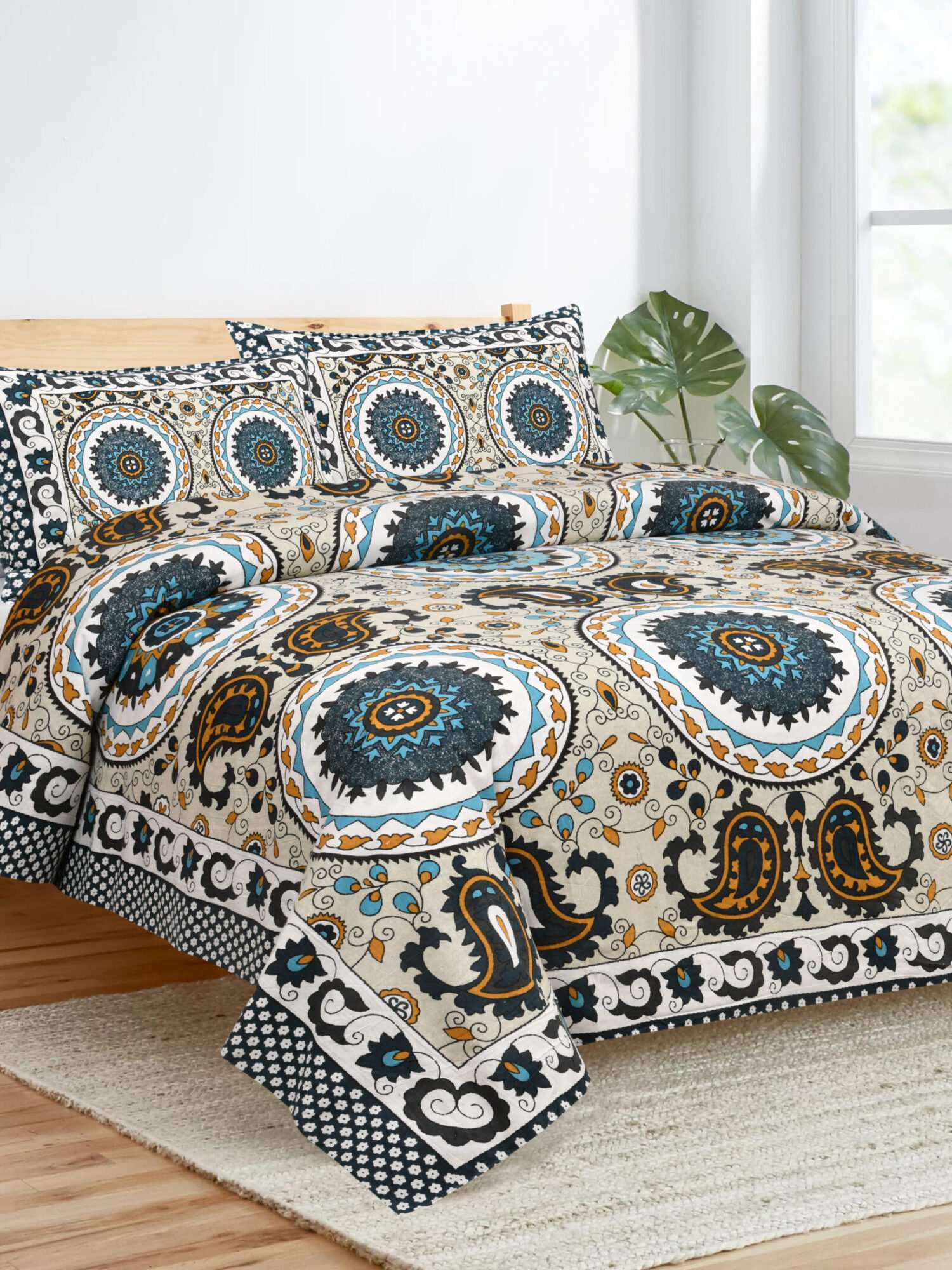 Blue Jaipuri Patola Printed Bed Sheet