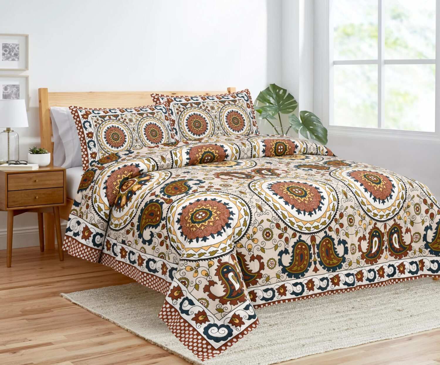 Brown Jaipuri Cotton Patola Printed Double Bed Sheet Set