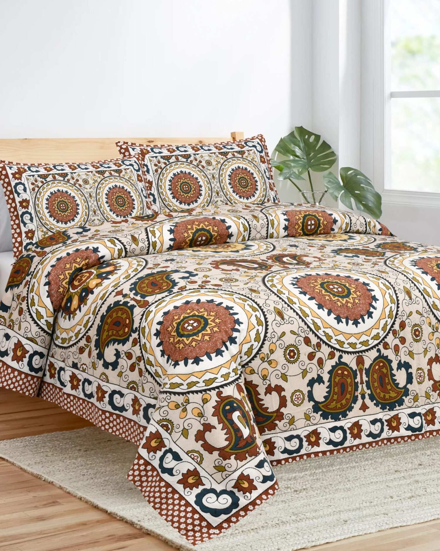 Brown Jaipuri Cotton Patola Printed Double Bed Sheet Set