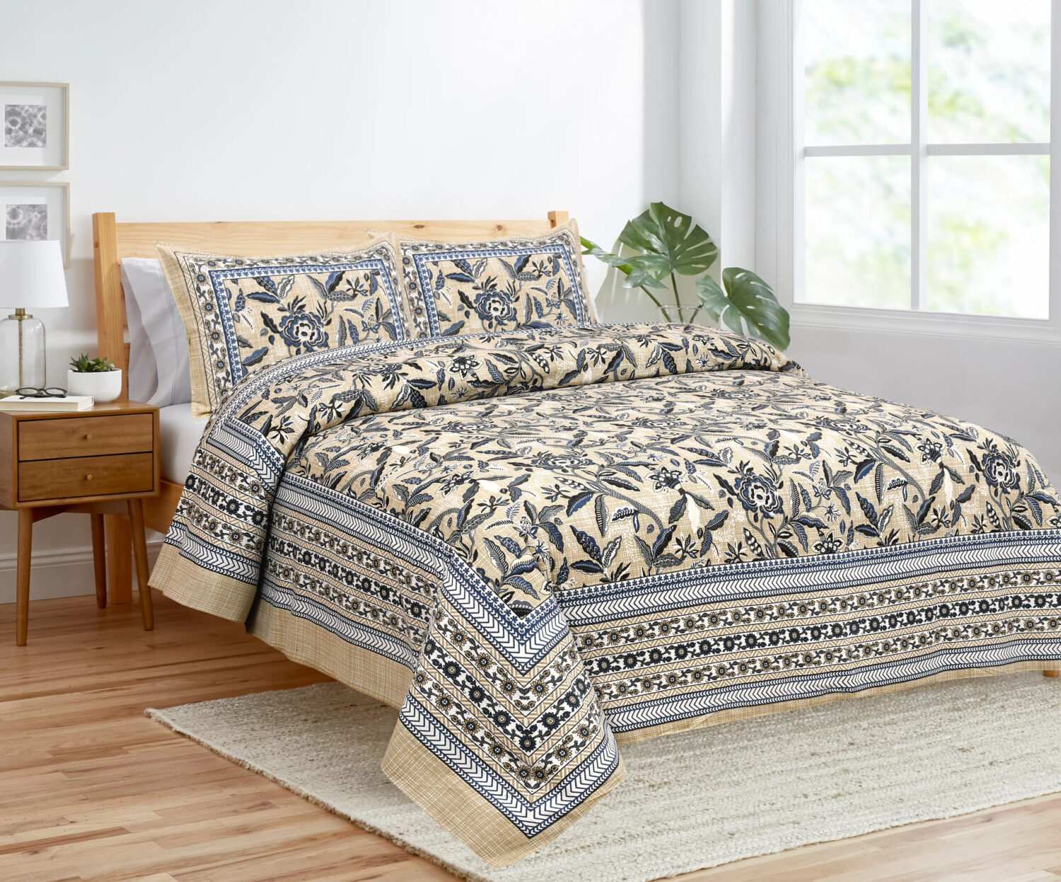 Light Brown Printed Cotton Double Bed Sheet Set