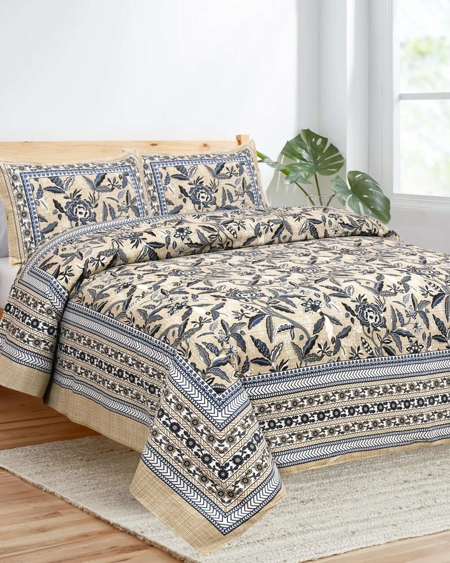 Light Brown Printed Cotton Double Bed Sheet Set