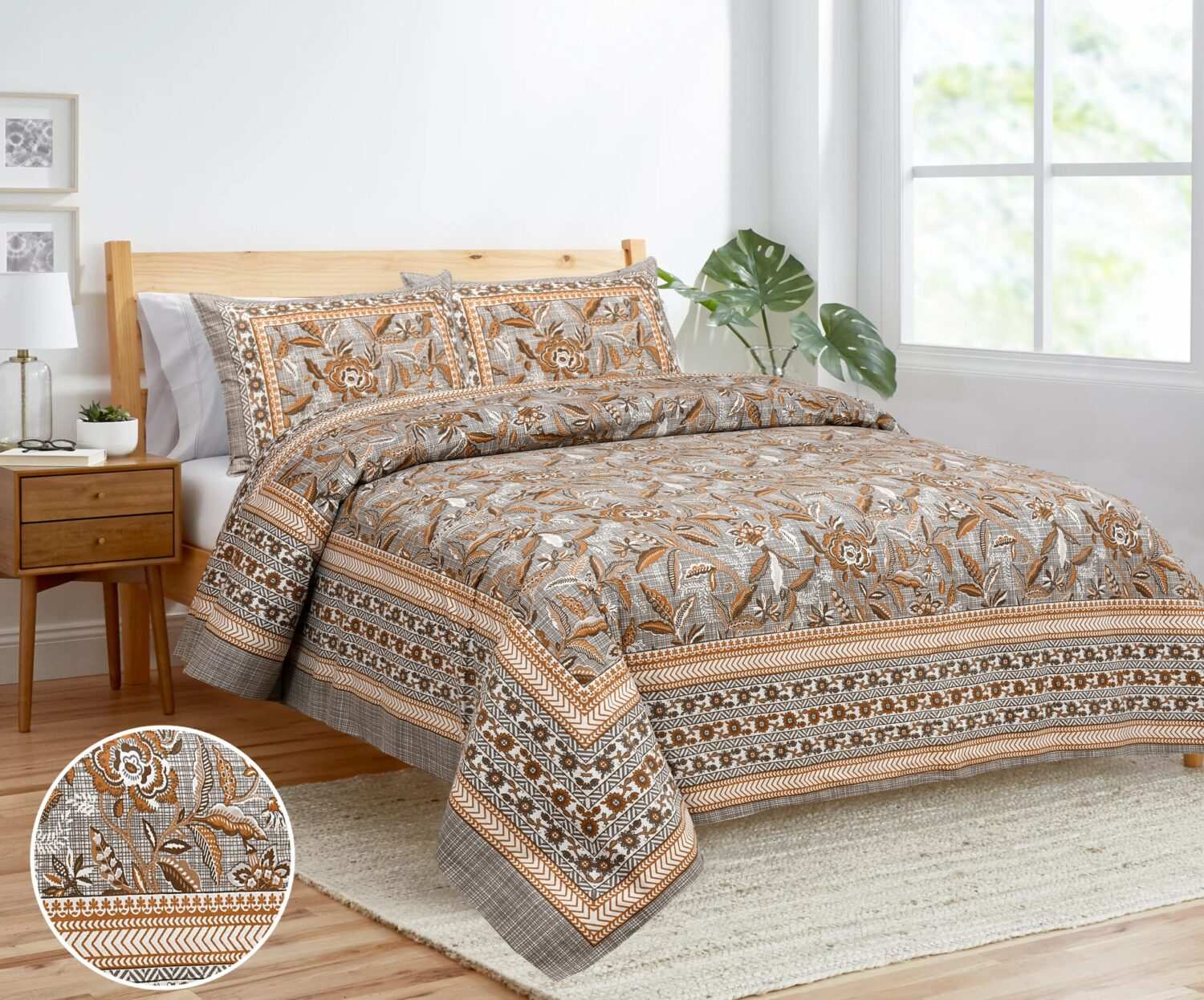 Brown Printed Cotton Double Bed Sheet Set