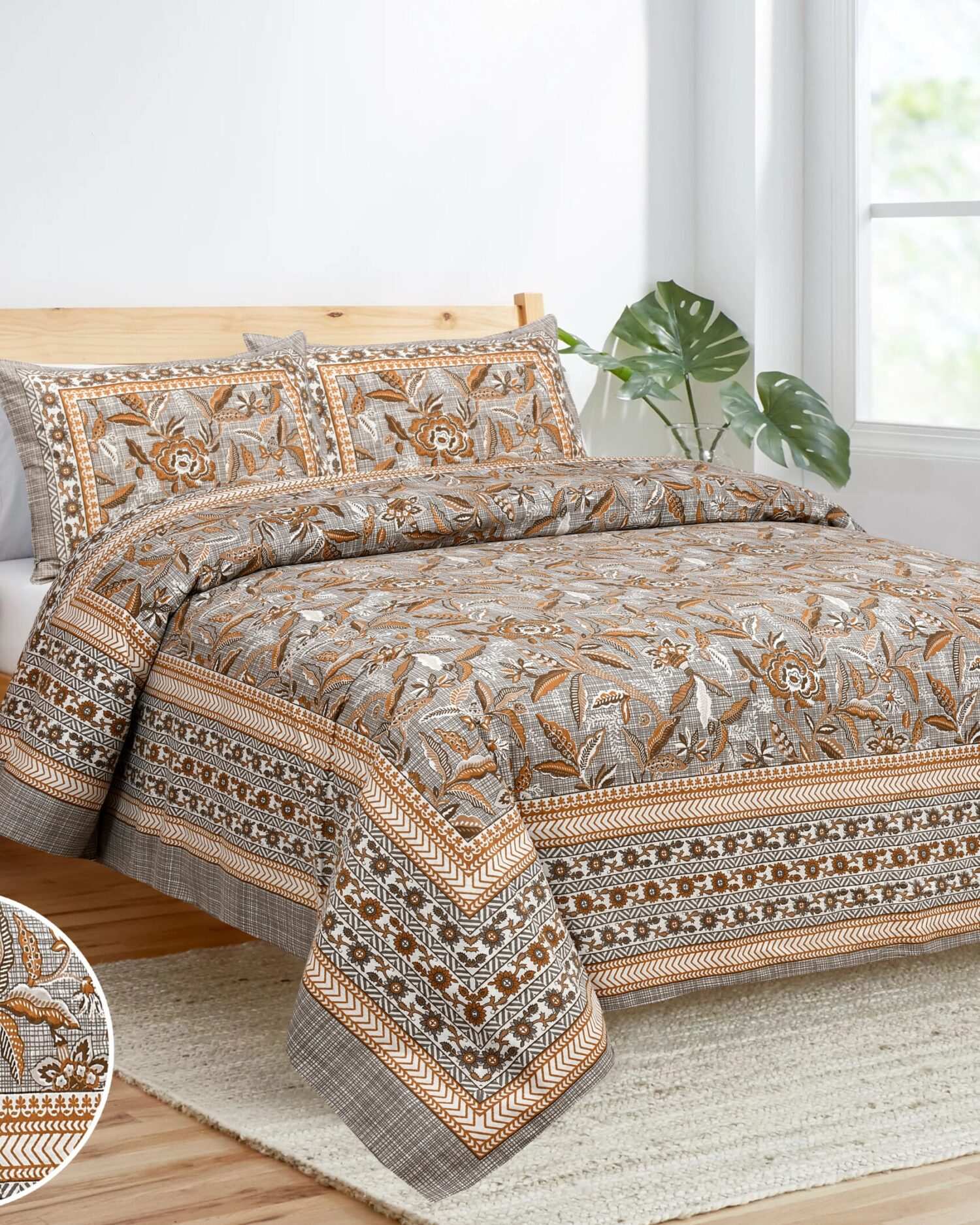 Brown Printed Cotton Double Bed Sheet Set