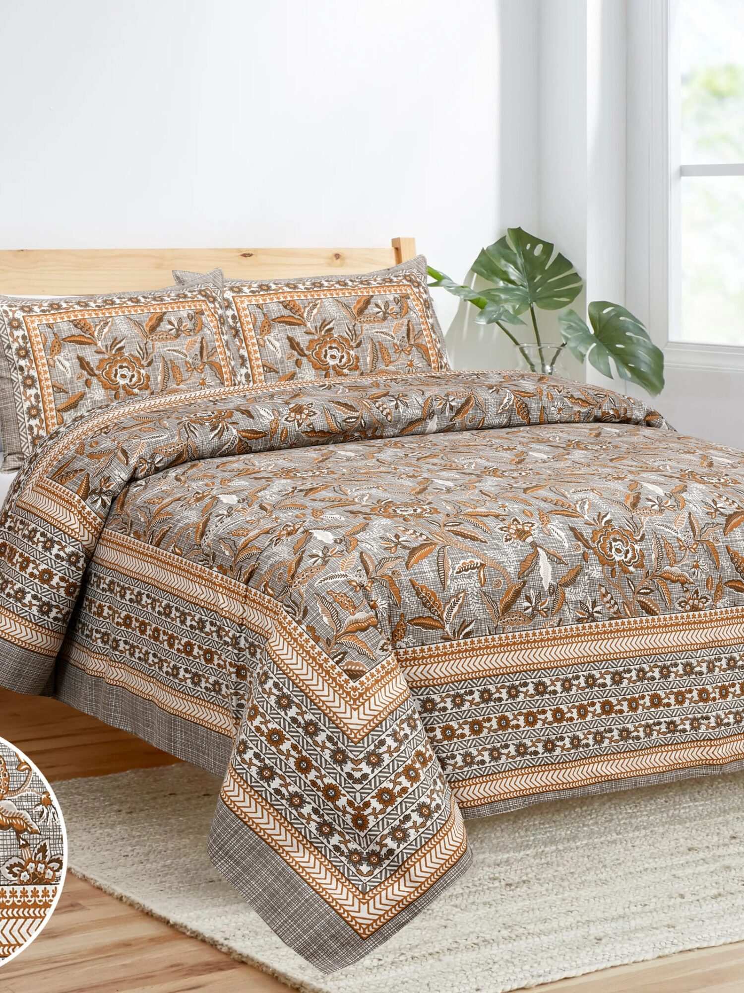 Brown Printed Cotton Double Bed Sheet Set