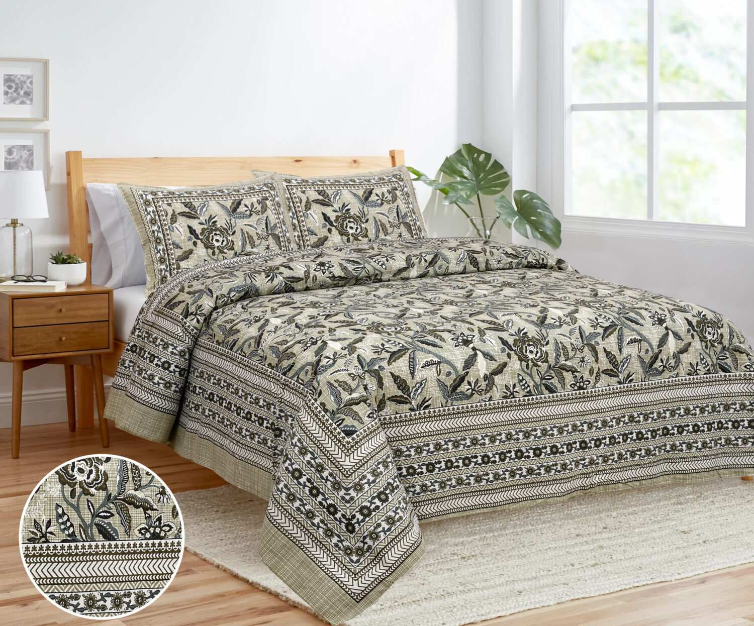 Green Printed Cotton Double Bed Sheet Set